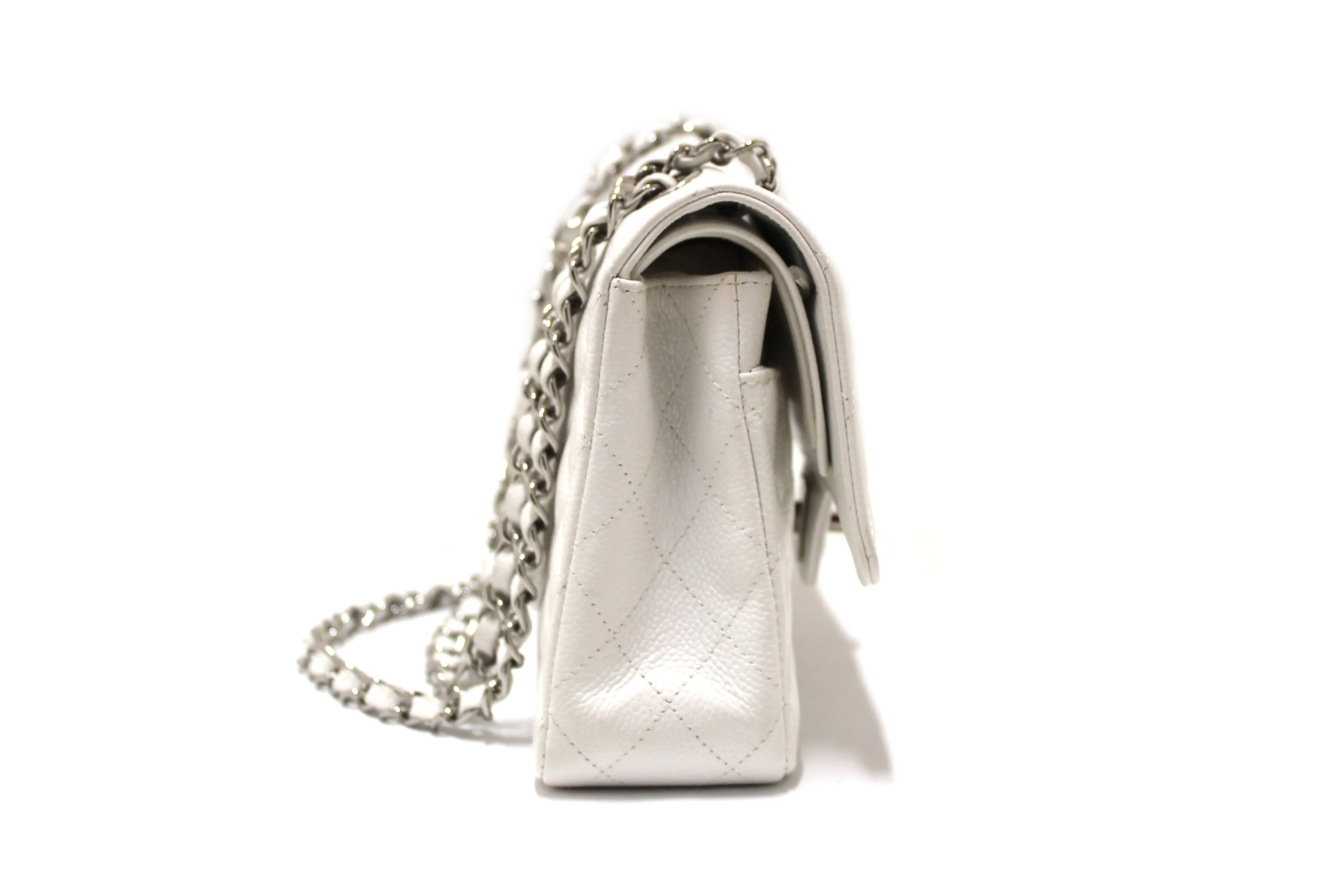 Authentic Chanel White Caviar Leather Medium Classic Flap Chain Handbag