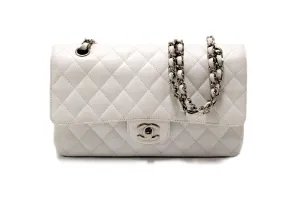 Authentic Chanel White Caviar Leather Medium Classic Flap Chain Handbag