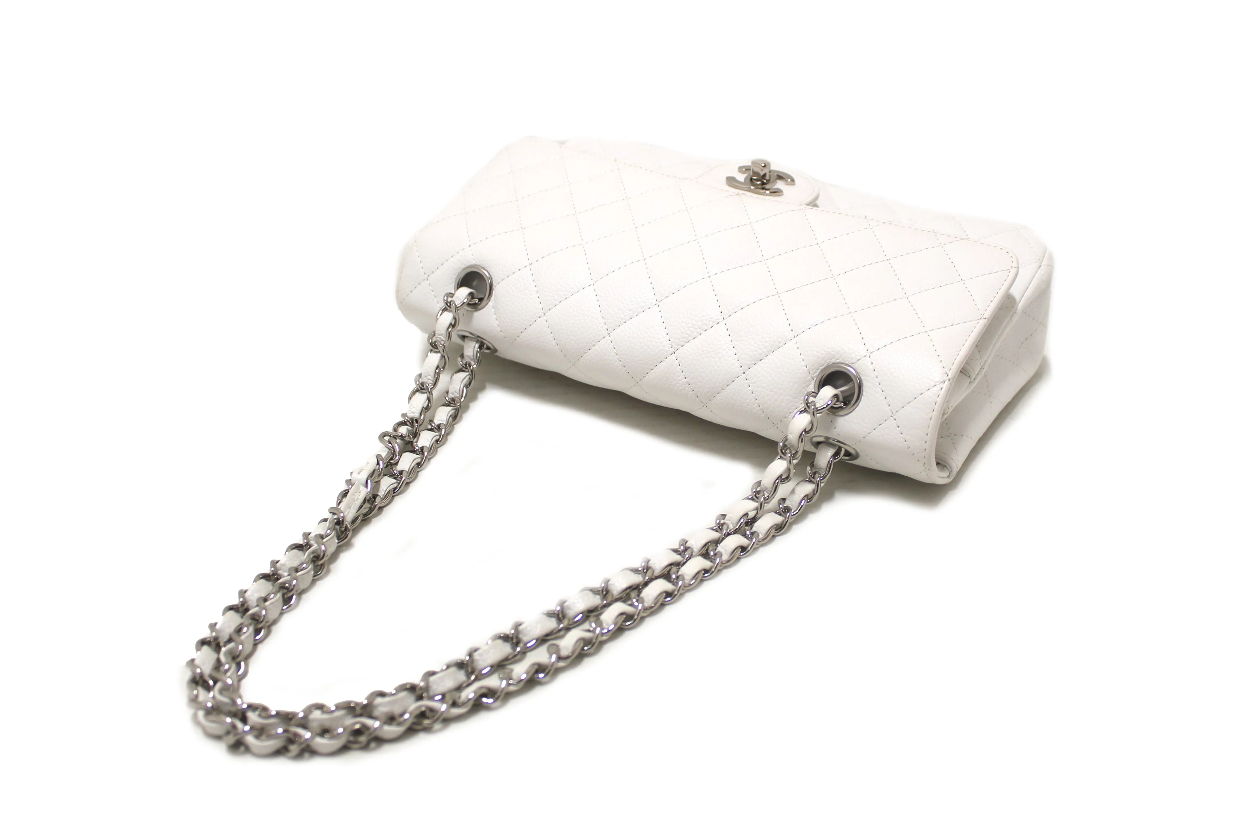 Authentic Chanel White Caviar Leather Medium Classic Flap Chain Handbag