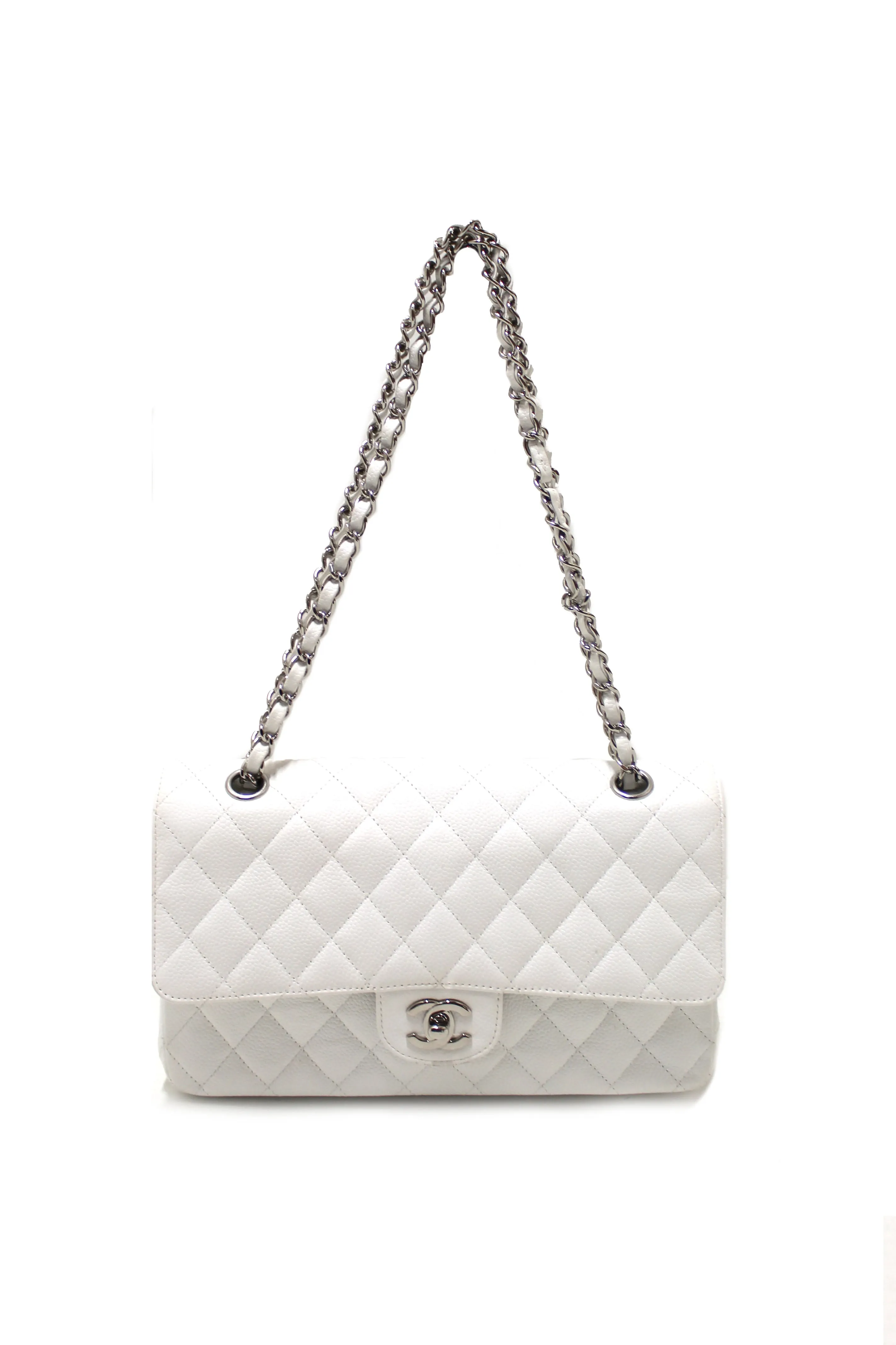 Authentic Chanel White Caviar Leather Medium Classic Flap Chain Handbag