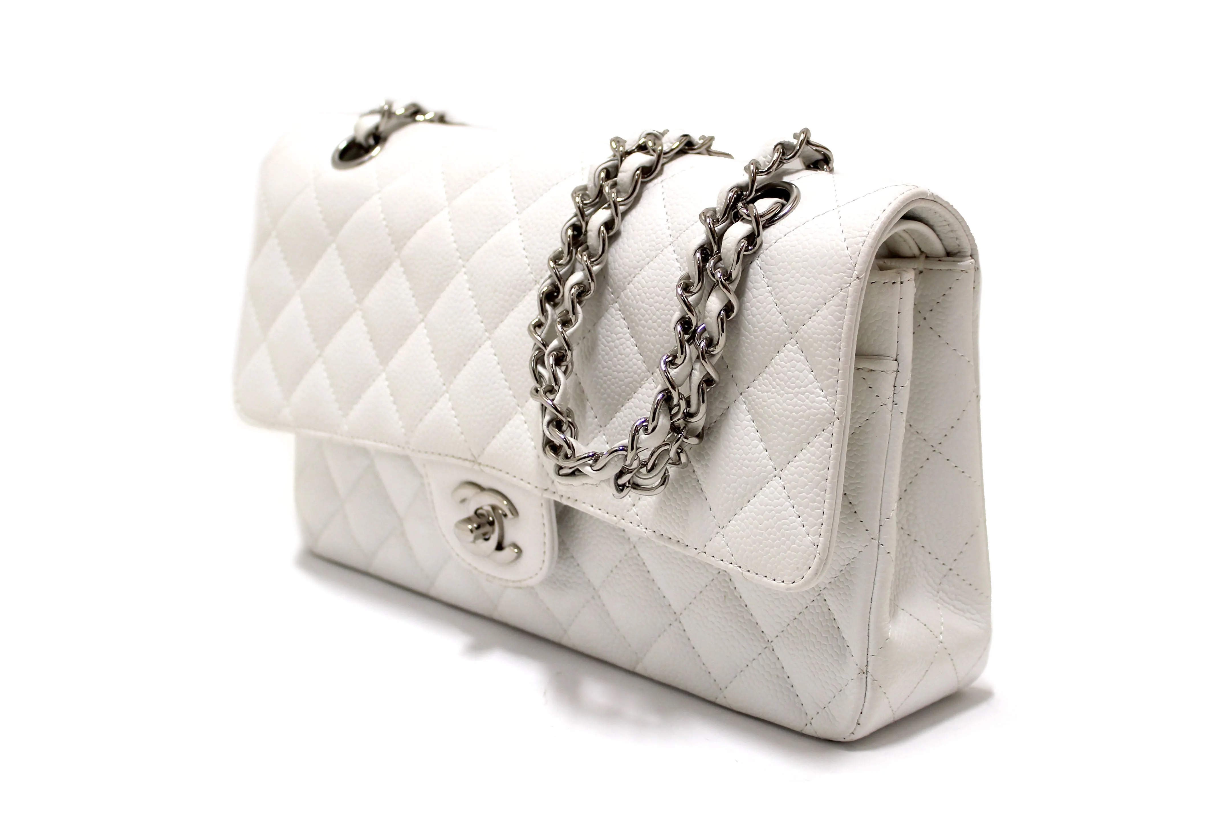 Authentic Chanel White Caviar Leather Medium Classic Flap Chain Handbag