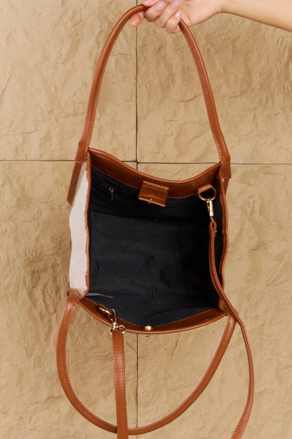 Beach Chic Faux Leather Trim Tote Bag in Ochre