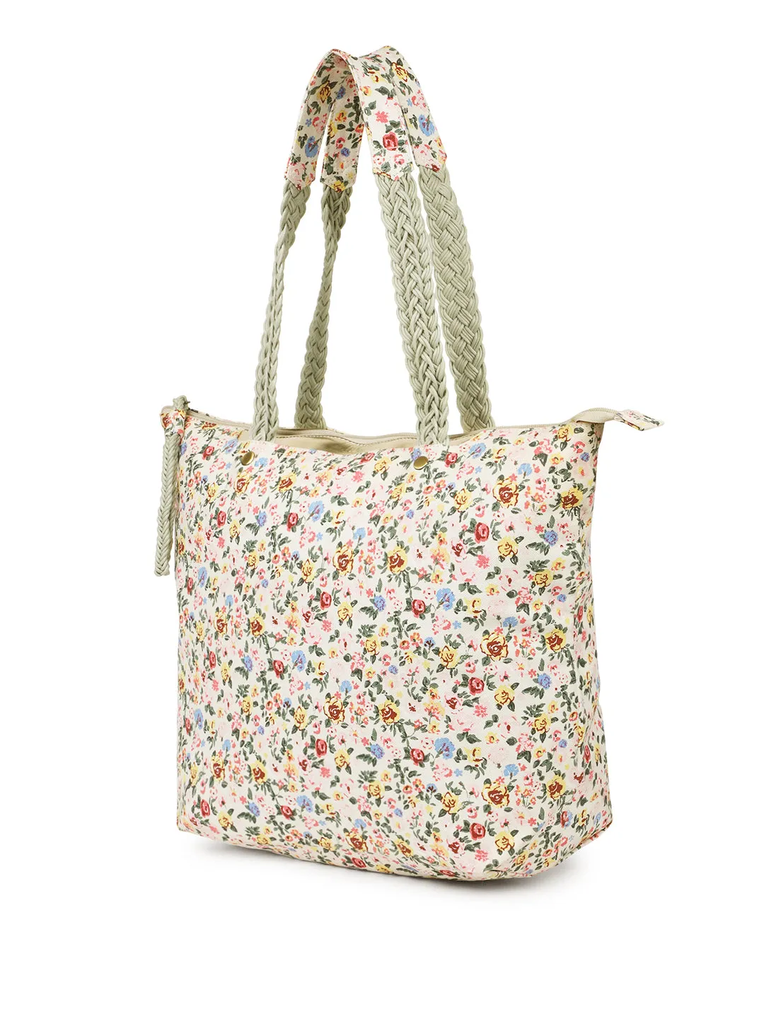 Berrylush Women White Floral Printed Canvas Zipper-Up Regular Tote Bag