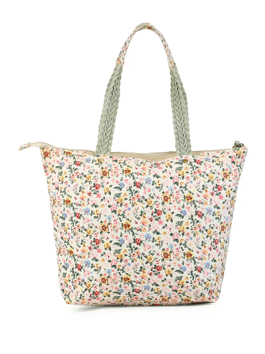 Berrylush Women White Floral Printed Canvas Zipper-Up Regular Tote Bag