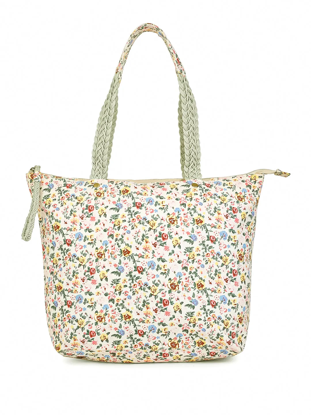 Berrylush Women White Floral Printed Canvas Zipper-Up Regular Tote Bag