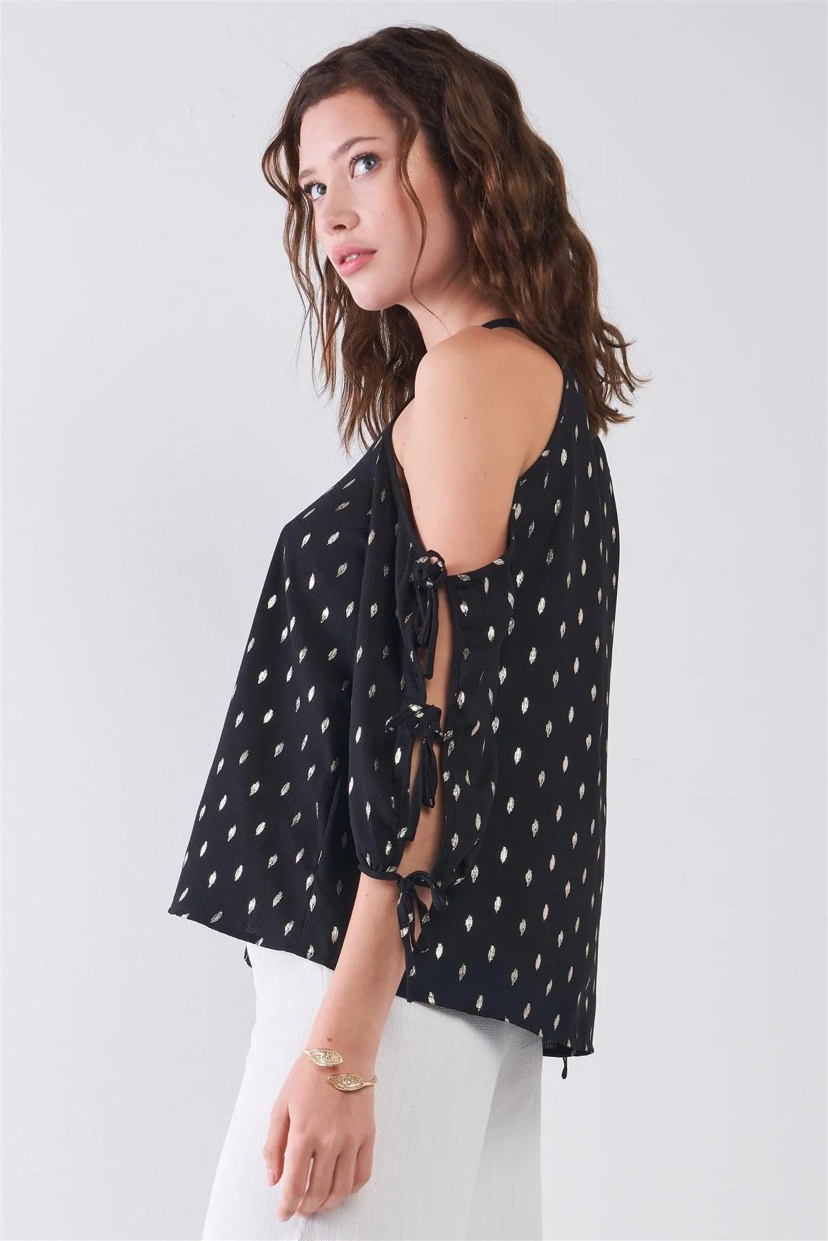 Black & Gold Print Cold Shoulder Detail Round Neck Self-Tie Balloon Sleeve Relaxed Top /1-2-2-1