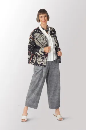 BLACK AND WHITE PRINT PATCH KANTHA CREW NECK SHORT JACKET - pn4053-blk -