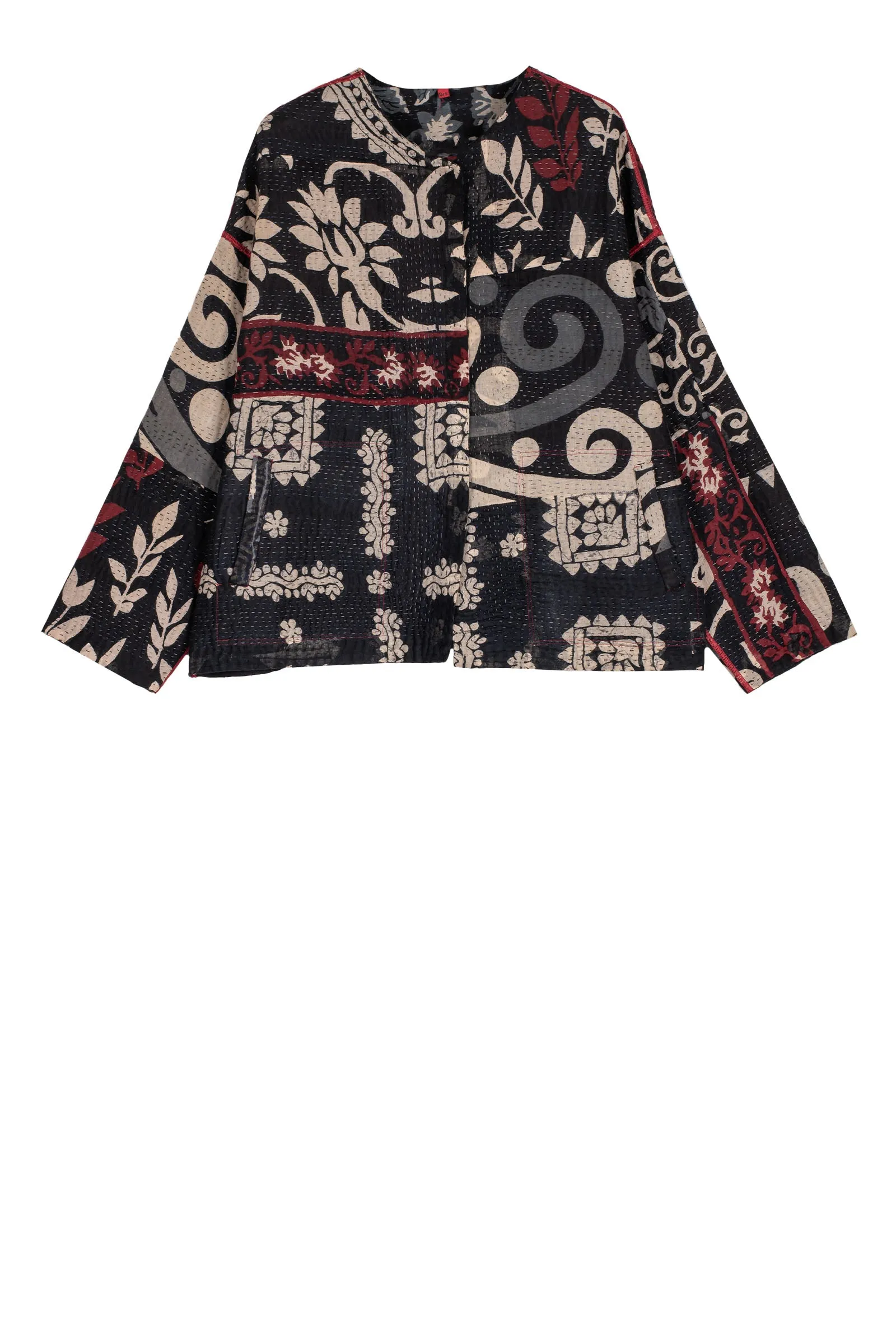 BLACK AND WHITE PRINT PATCH KANTHA CREW NECK SHORT JACKET - pn4053-blk -