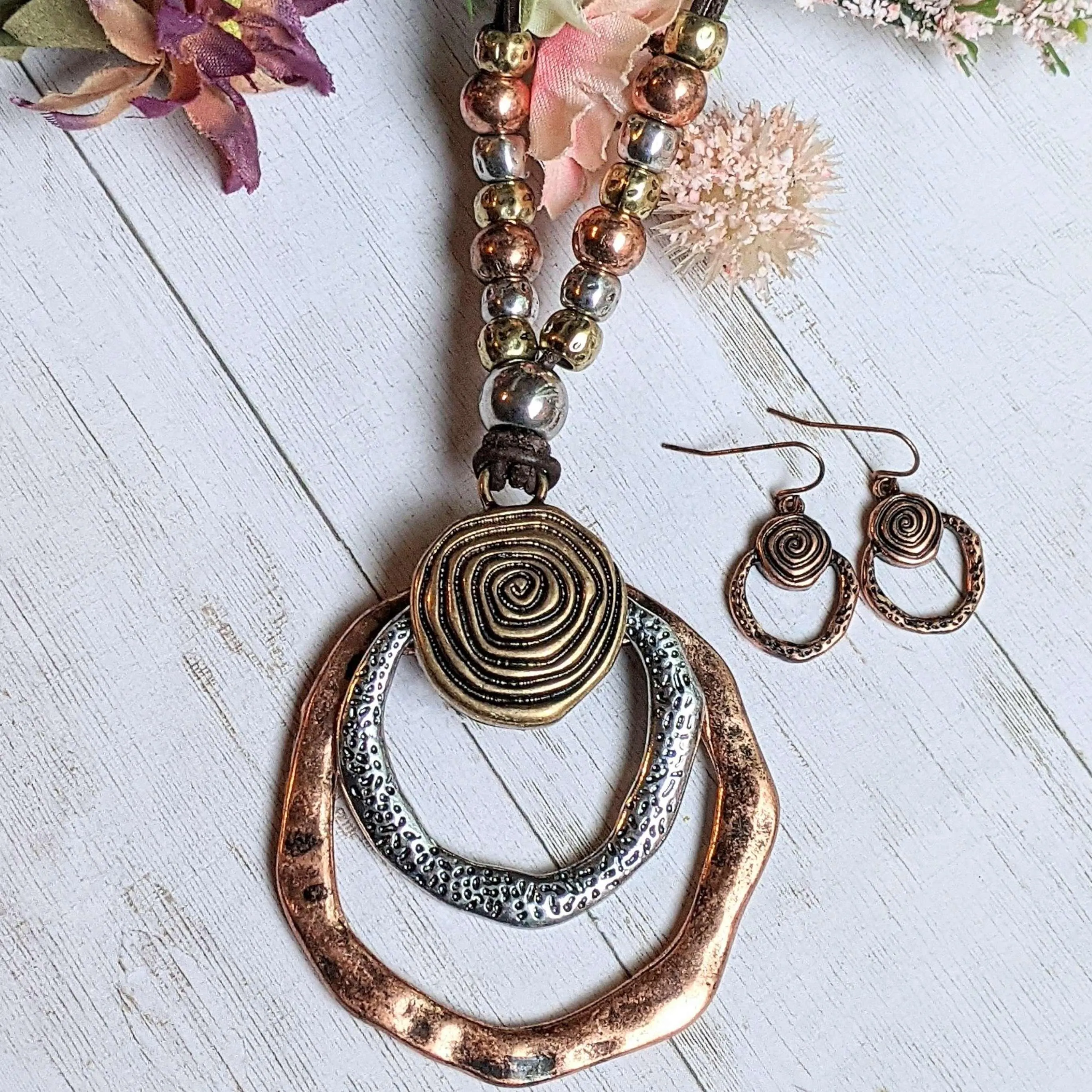 Boho Hammered Necklace / Earring Set