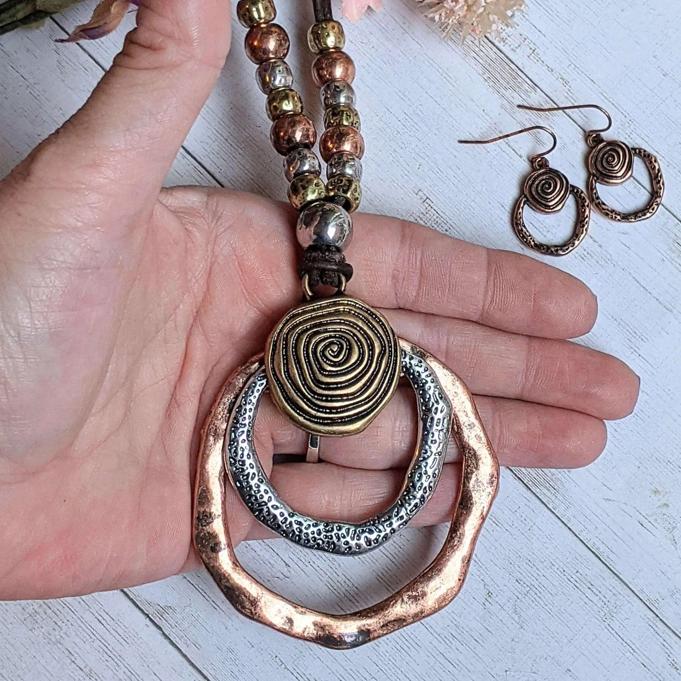 Boho Hammered Necklace / Earring Set