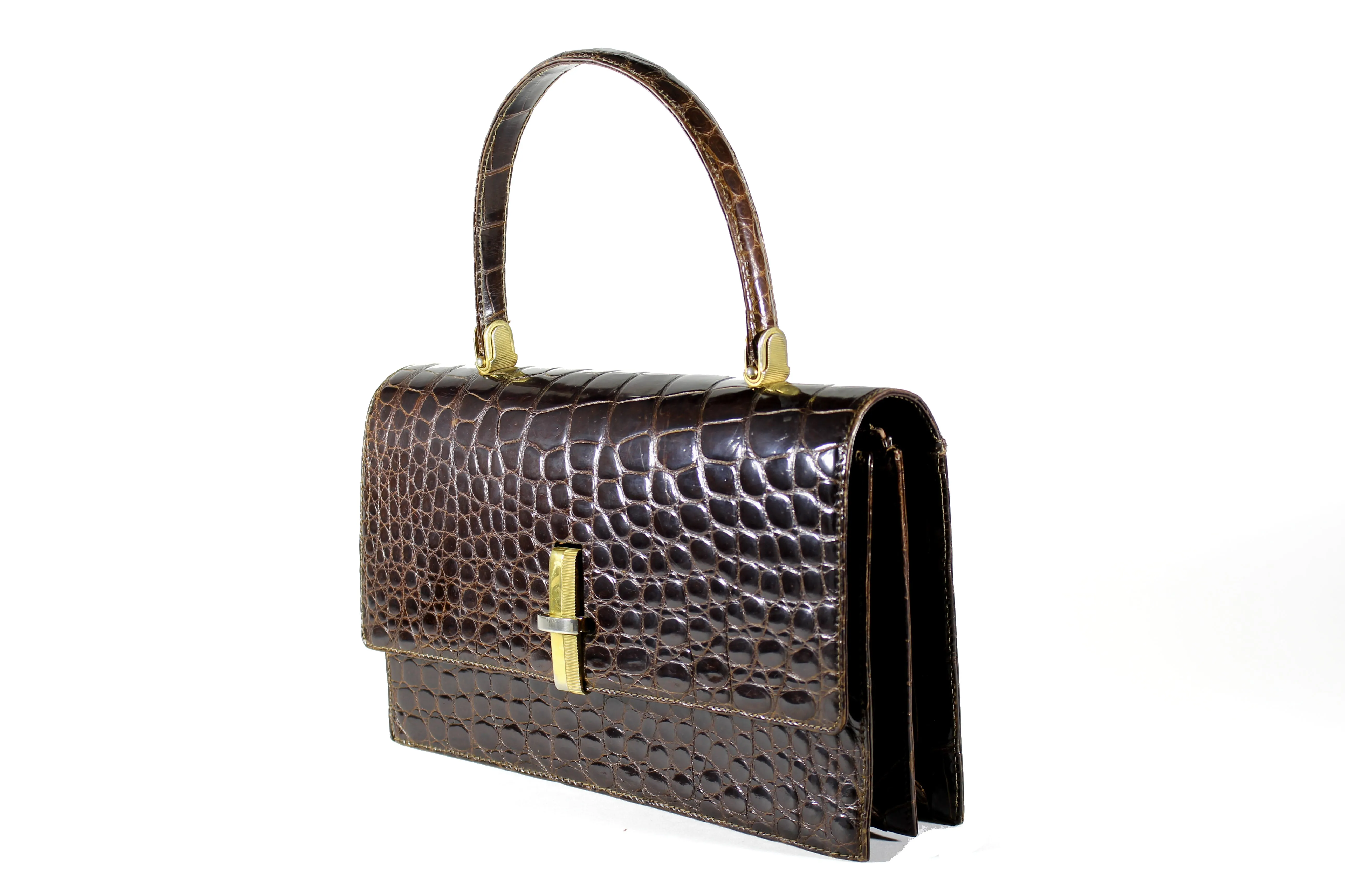 Brown crocodile skin with top handle XL handbag