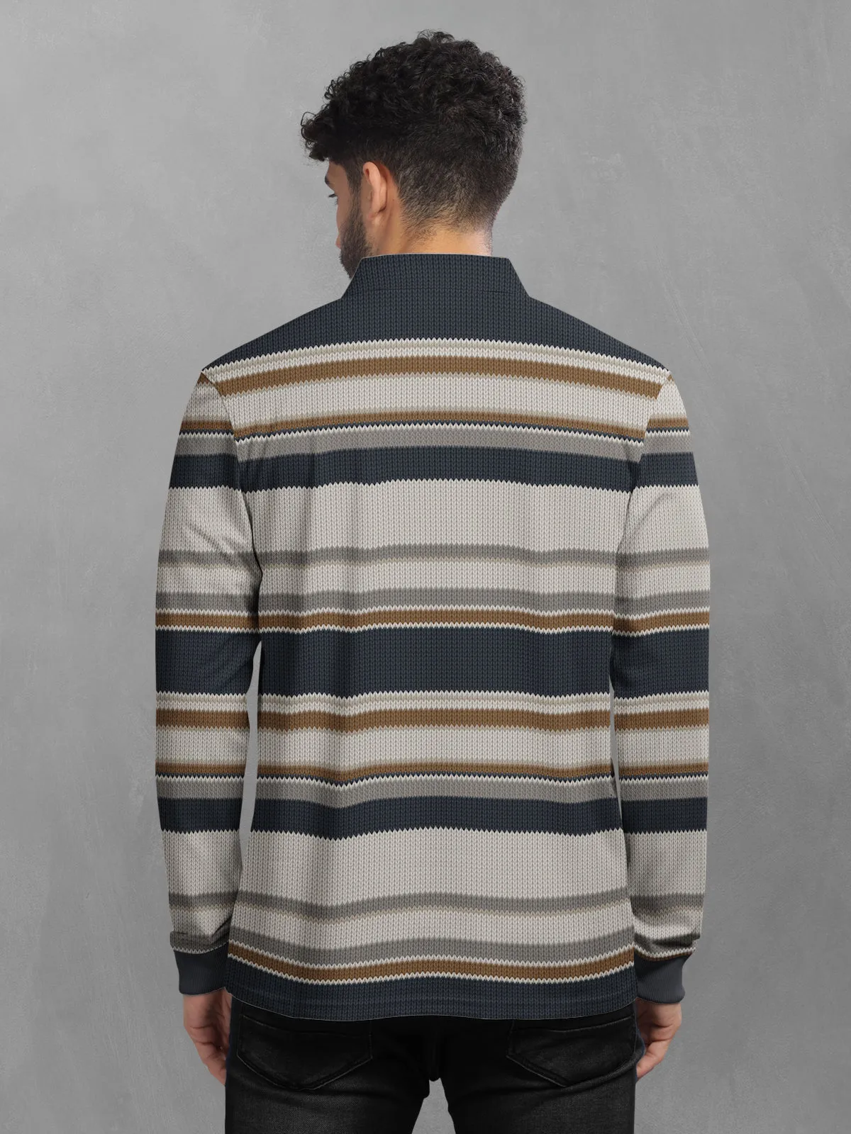 BULLMER Beige Striped Textured Printed Polo Neck FullSleeve T-shirt With Rib For Men