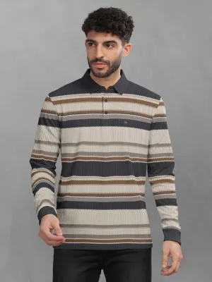 BULLMER Beige Striped Textured Printed Polo Neck FullSleeve T-shirt With Rib For Men