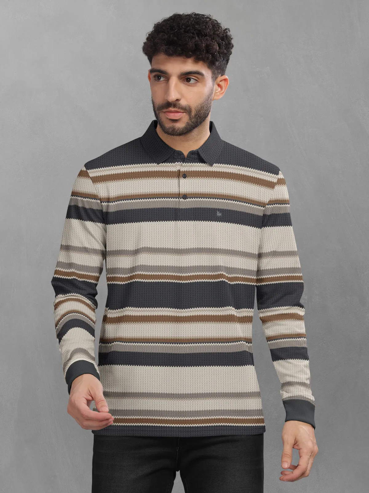 BULLMER Beige Striped Textured Printed Polo Neck FullSleeve T-shirt With Rib For Men