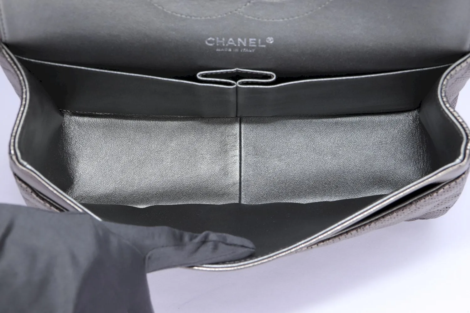 Chanel Classic Flap (2063xxxx) Jumbo Dark Metallic Silver Perforated Lambskin with Card & Dust Cover