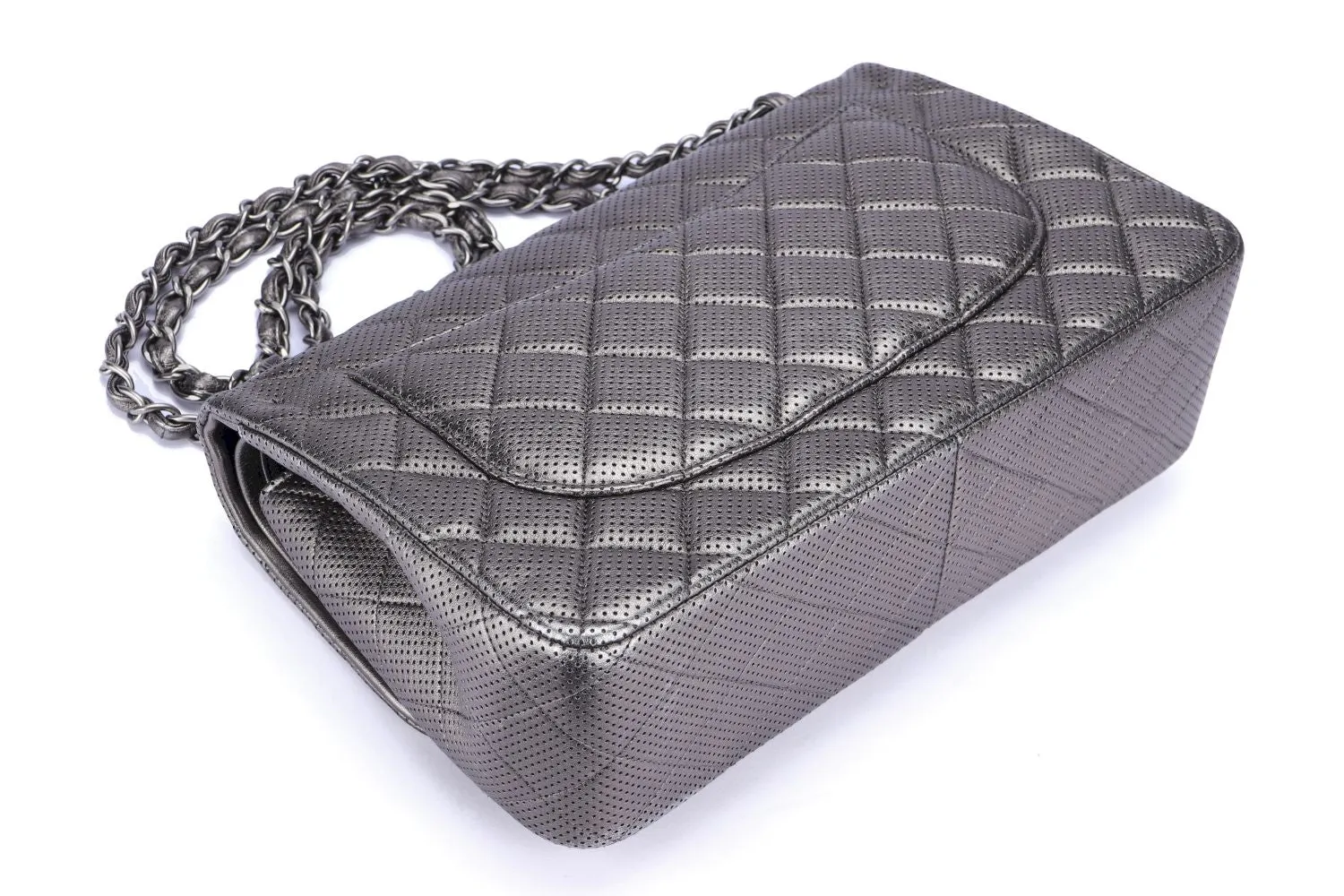 Chanel Classic Flap (2063xxxx) Jumbo Dark Metallic Silver Perforated Lambskin with Card & Dust Cover