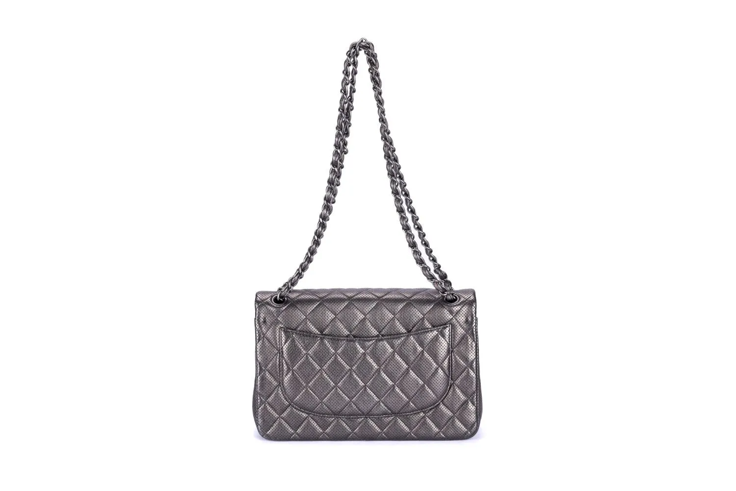 Chanel Classic Flap (2063xxxx) Jumbo Dark Metallic Silver Perforated Lambskin with Card & Dust Cover