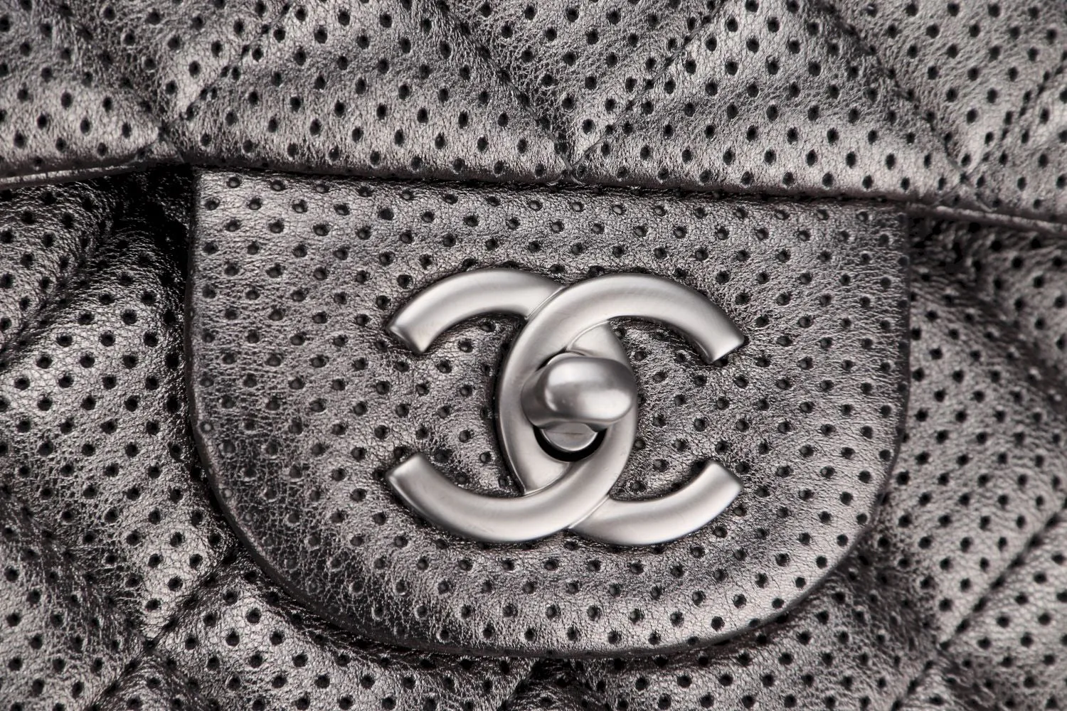 Chanel Classic Flap (2063xxxx) Jumbo Dark Metallic Silver Perforated Lambskin with Card & Dust Cover