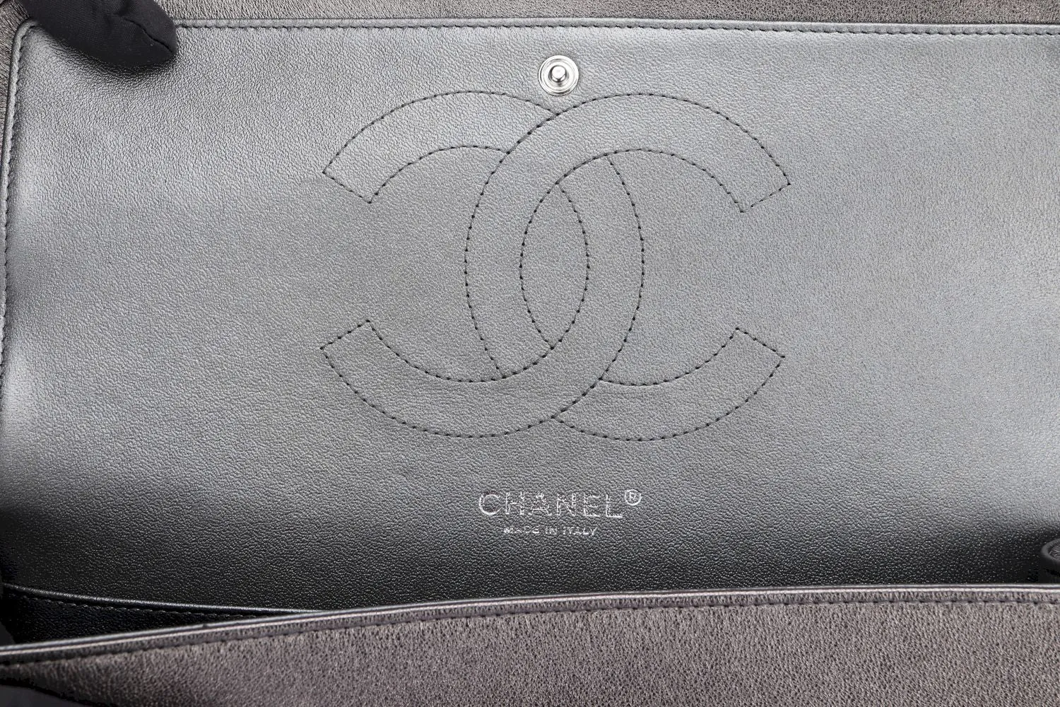 Chanel Classic Flap (2063xxxx) Jumbo Dark Metallic Silver Perforated Lambskin with Card & Dust Cover