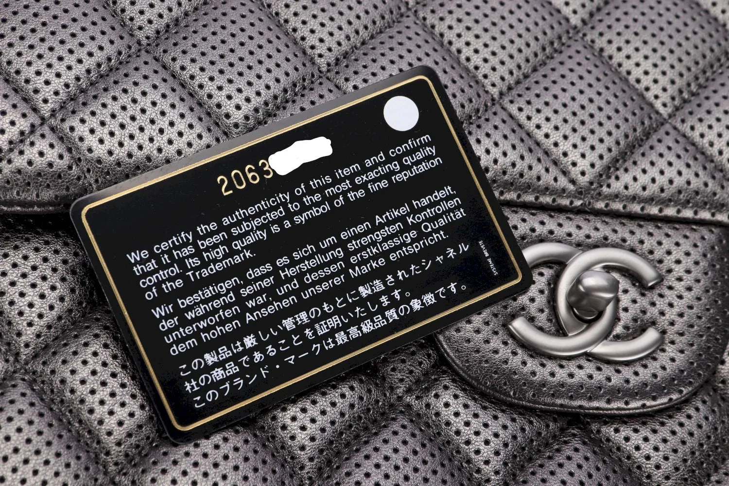 Chanel Classic Flap (2063xxxx) Jumbo Dark Metallic Silver Perforated Lambskin with Card & Dust Cover