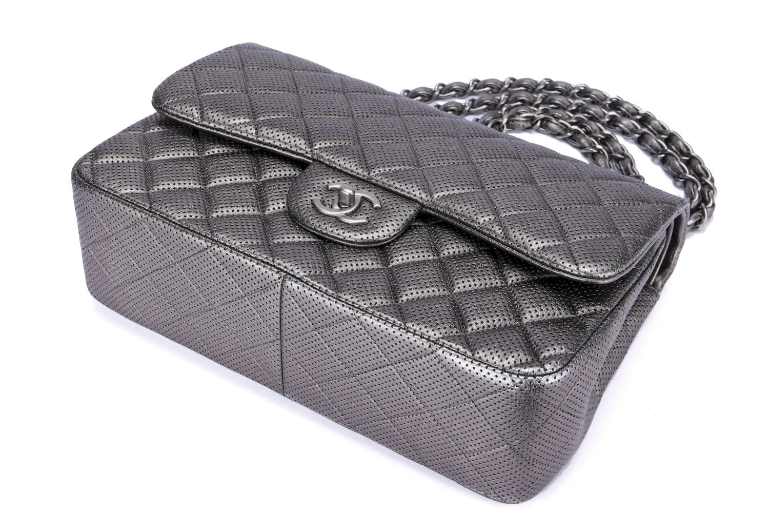 Chanel Classic Flap (2063xxxx) Jumbo Dark Metallic Silver Perforated Lambskin with Card & Dust Cover