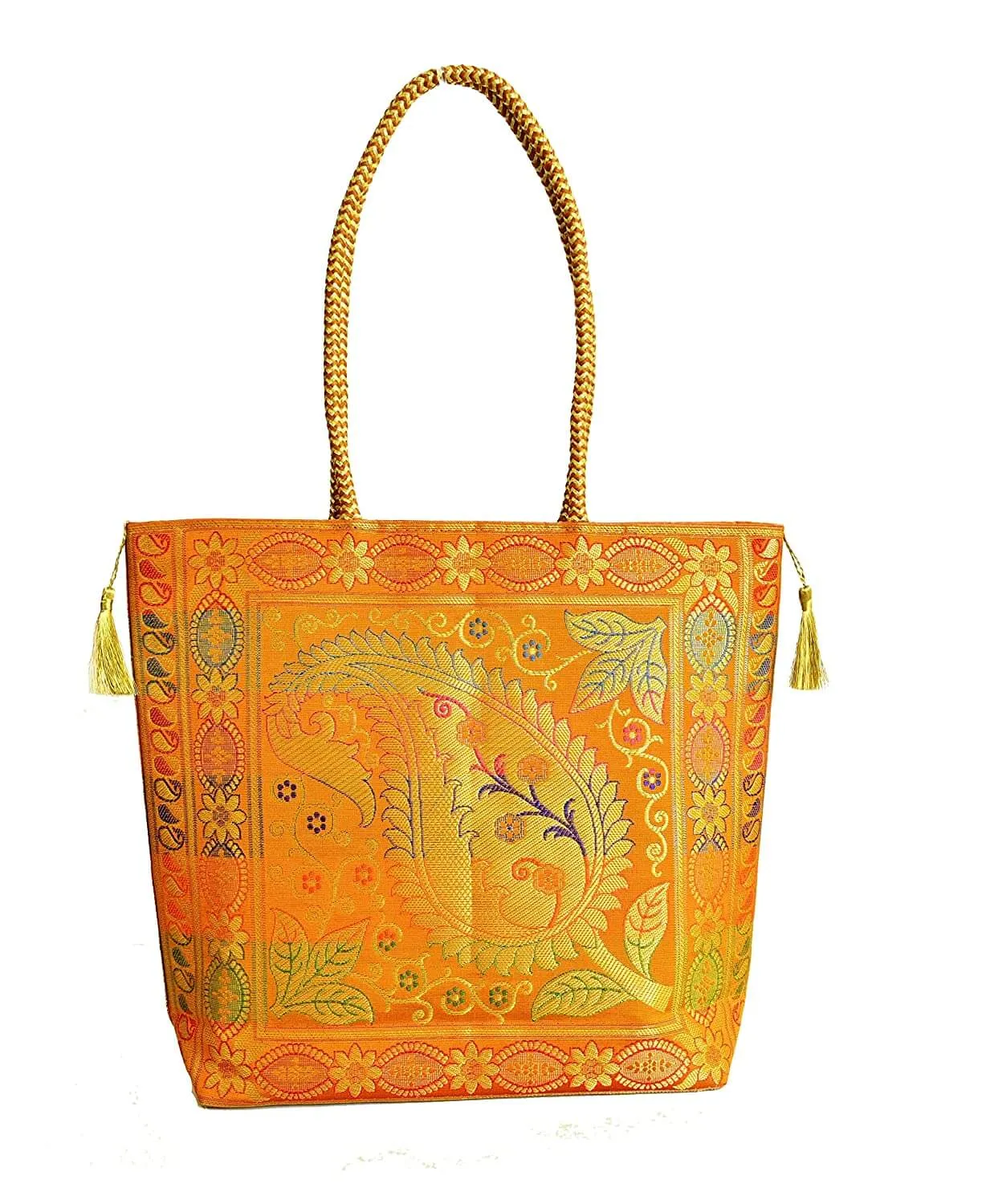 Embroidery Silk Handicraft Hand Bag, Shoulder, Tote Bag For Ladies (13 x 11.5 x 7.5 Inches, Leaves & Flower, Orange Color)