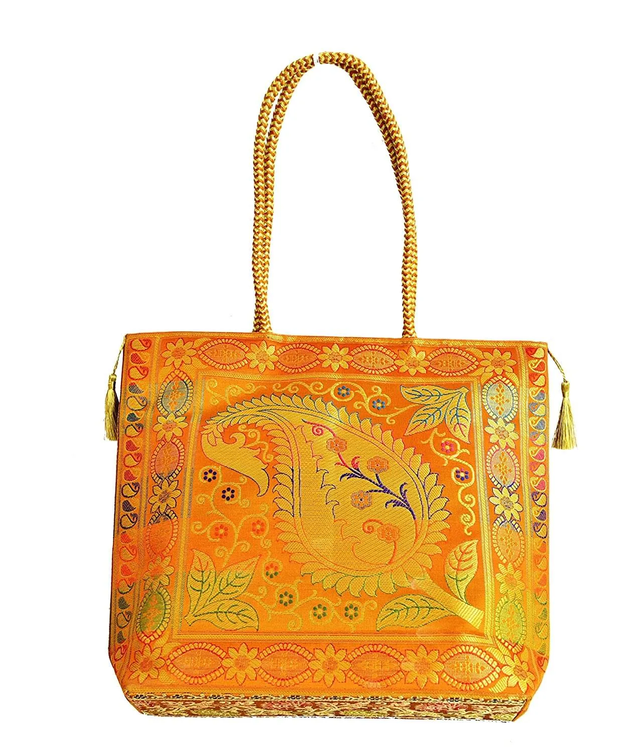 Embroidery Silk Handicraft Hand Bag, Shoulder, Tote Bag For Ladies (13 x 11.5 x 7.5 Inches, Leaves & Flower, Orange Color)