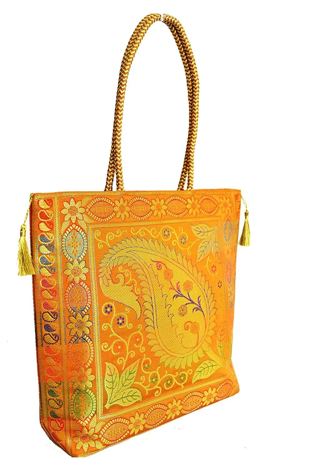 Embroidery Silk Handicraft Hand Bag, Shoulder, Tote Bag For Ladies (13 x 11.5 x 7.5 Inches, Leaves & Flower, Orange Color)