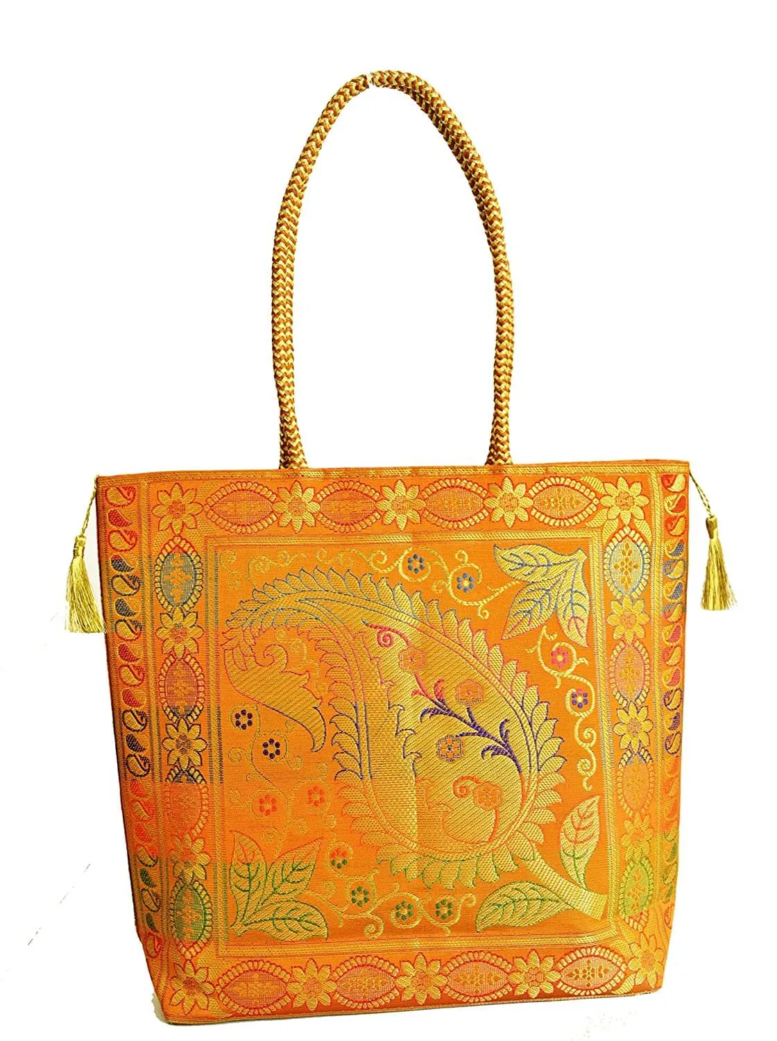 Embroidery Silk Handicraft Hand Bag, Shoulder, Tote Bag For Ladies (13 x 11.5 x 7.5 Inches, Leaves & Flower, Orange Color)