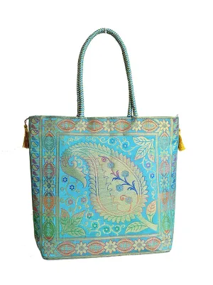 Embroidery Silk Handicraft Hand Bag, Shoulder, Tote Bag For Ladies (13 x 11.5 x 7.5 Inches, Leaves & Flower, Sky Blue Color)