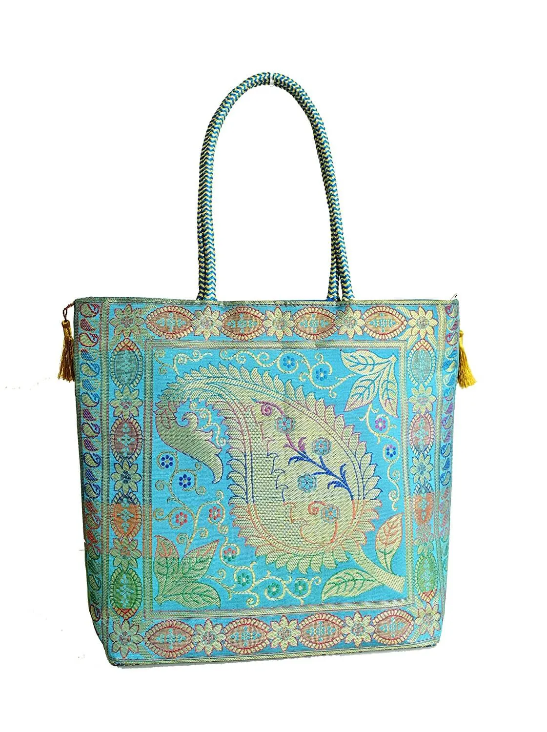 Embroidery Silk Handicraft Hand Bag, Shoulder, Tote Bag For Ladies (13 x 11.5 x 7.5 Inches, Leaves & Flower, Sky Blue Color)