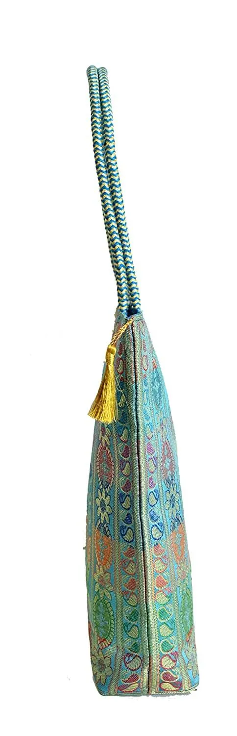 Embroidery Silk Handicraft Hand Bag, Shoulder, Tote Bag For Ladies (13 x 11.5 x 7.5 Inches, Leaves & Flower, Sky Blue Color)