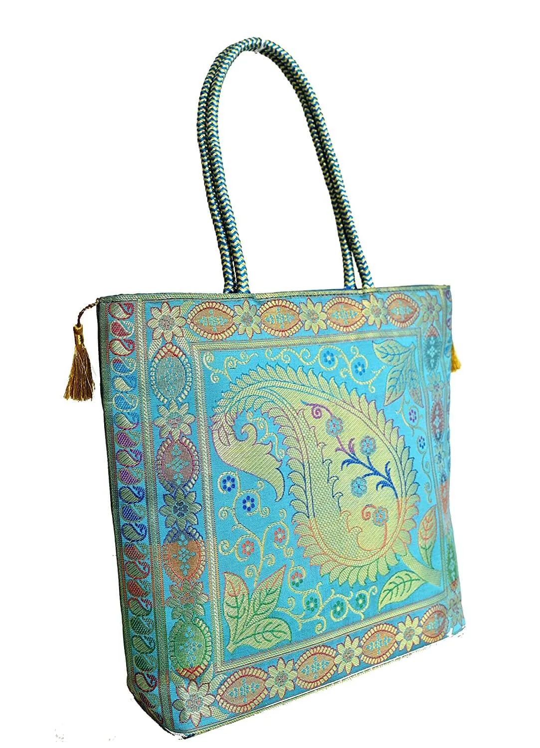 Embroidery Silk Handicraft Hand Bag, Shoulder, Tote Bag For Ladies (13 x 11.5 x 7.5 Inches, Leaves & Flower, Sky Blue Color)