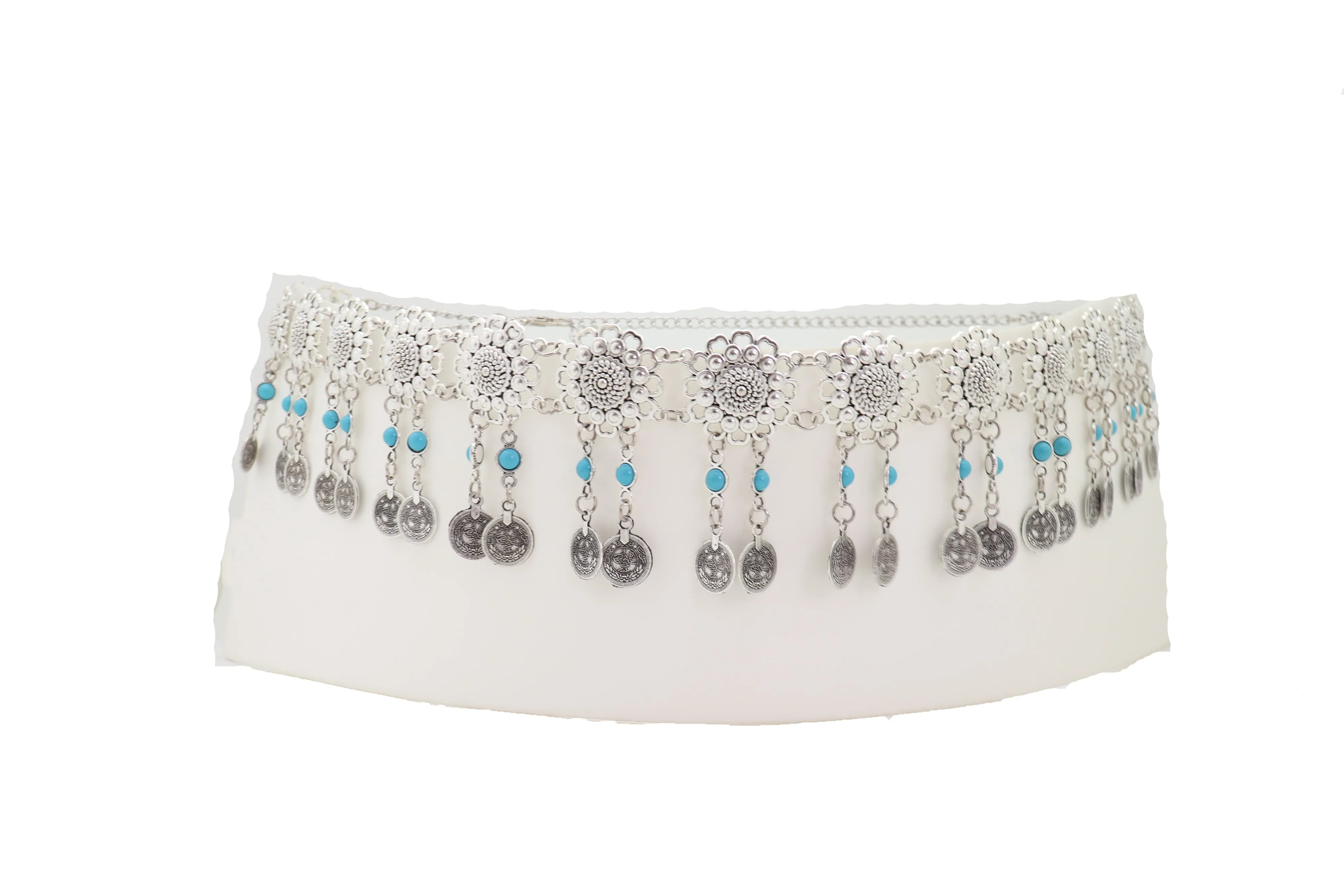 Ethnic Fashion Silver Metal Flower Chain Belt Turquoise Blue Beads Fit S M