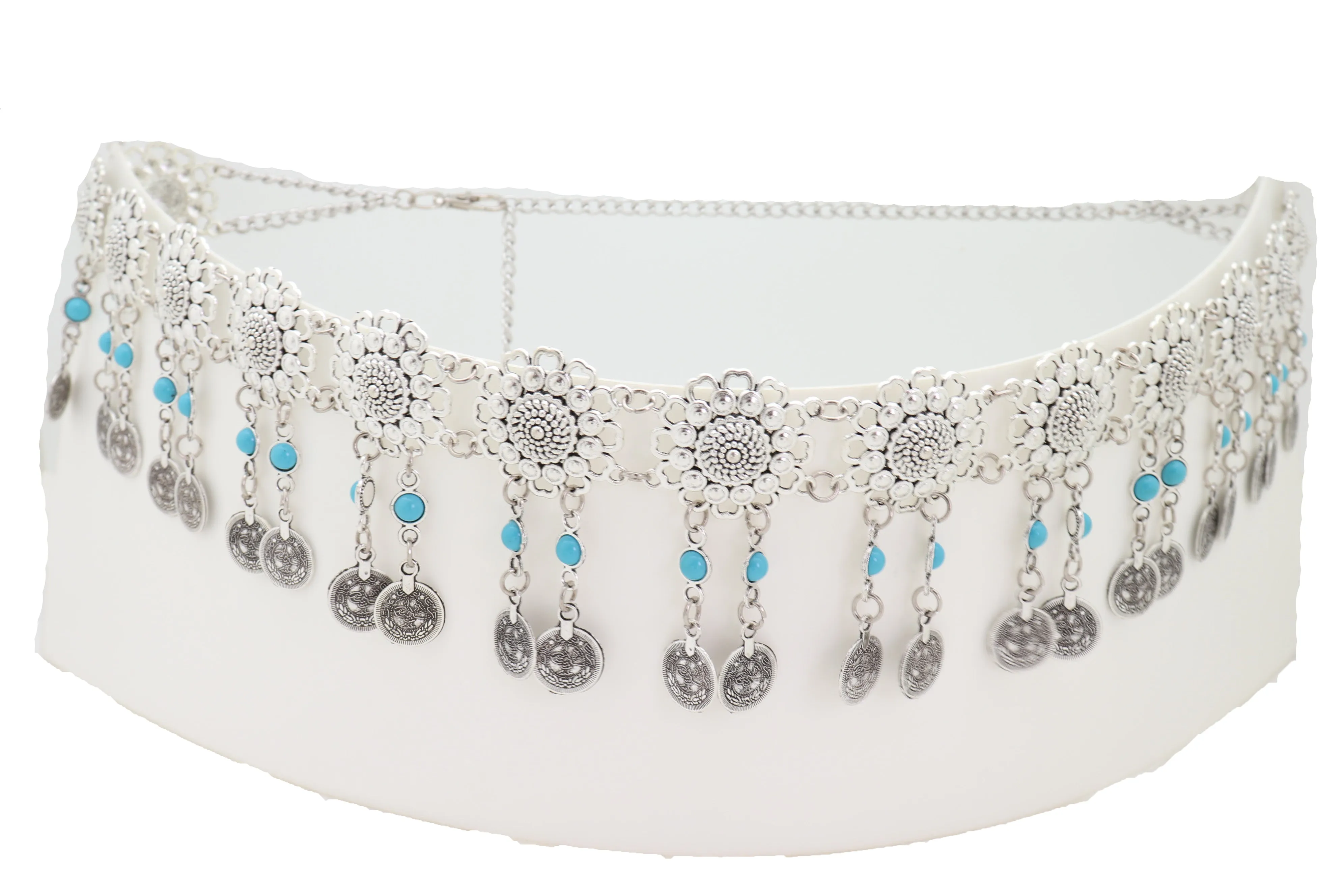 Ethnic Fashion Silver Metal Flower Chain Belt Turquoise Blue Beads Fit S M