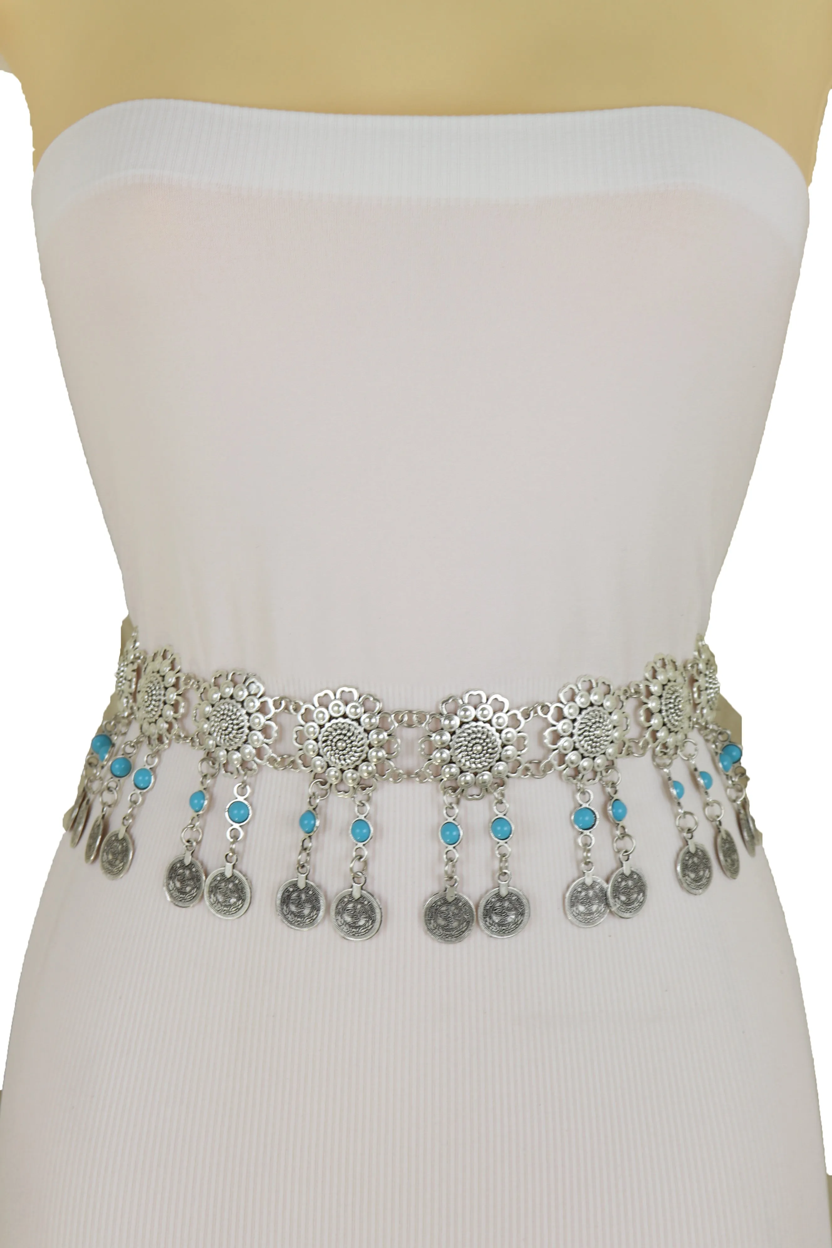 Ethnic Fashion Silver Metal Flower Chain Belt Turquoise Blue Beads Fit S M