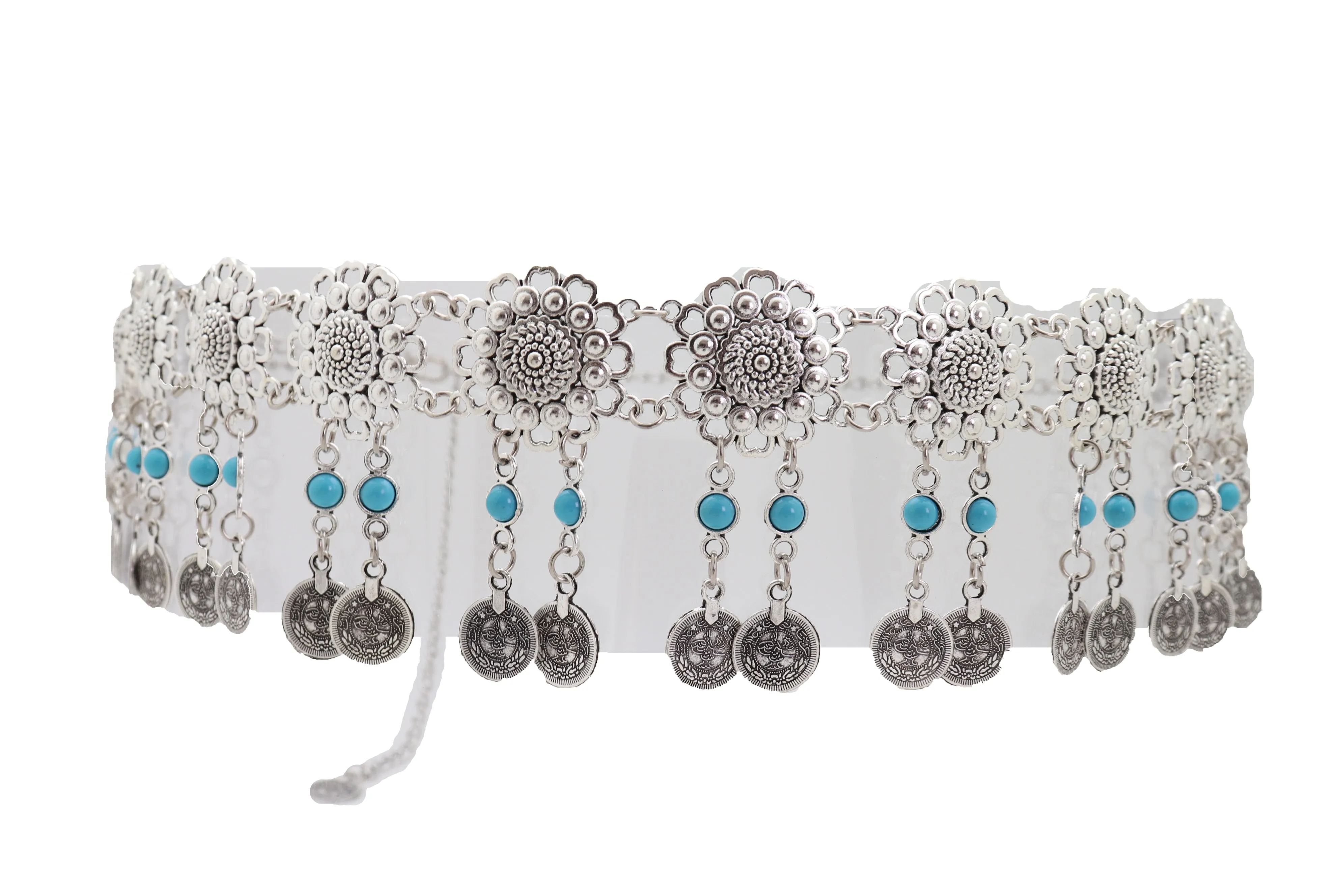 Ethnic Fashion Silver Metal Flower Chain Belt Turquoise Blue Beads Fit S M