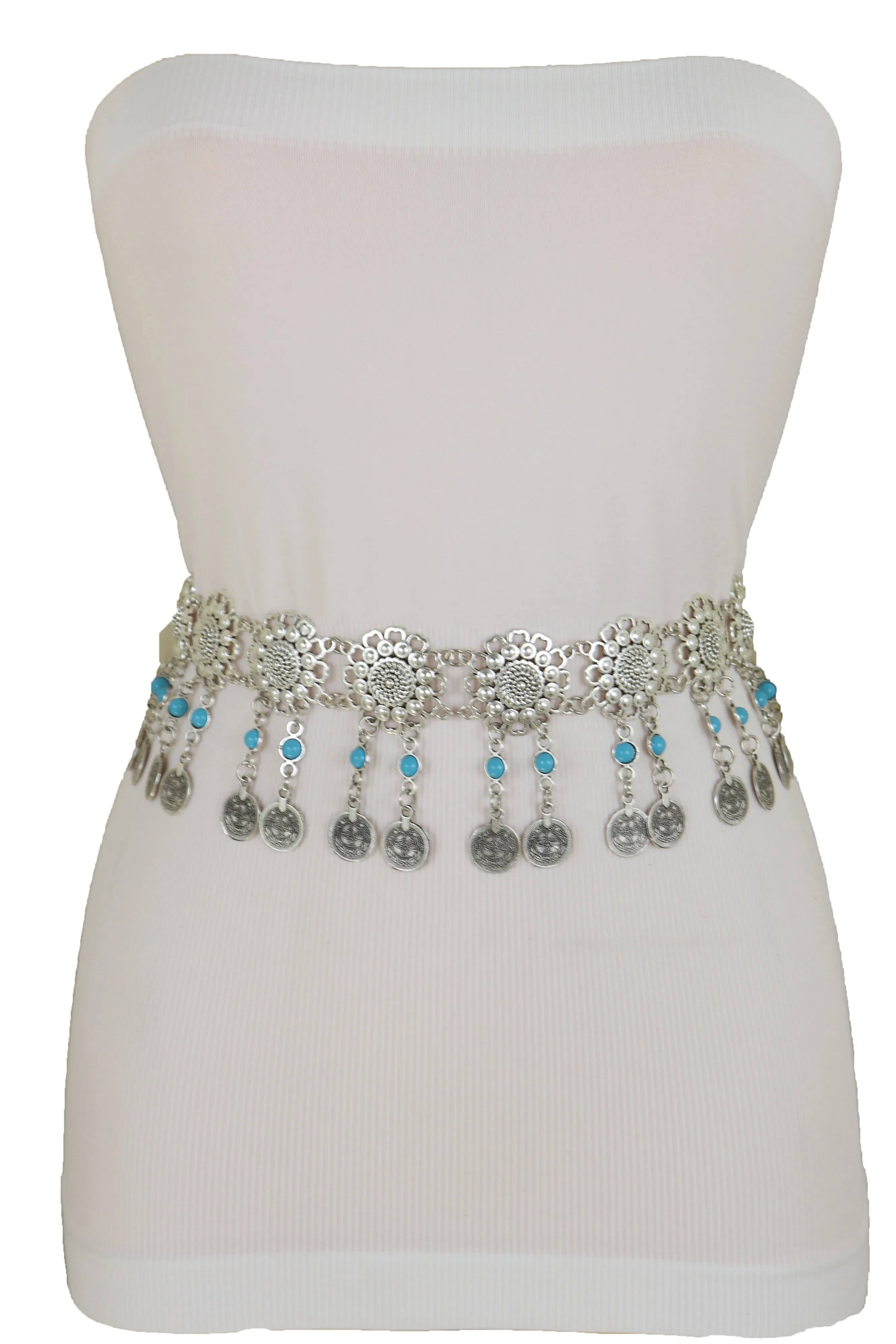 Ethnic Fashion Silver Metal Flower Chain Belt Turquoise Blue Beads Fit S M