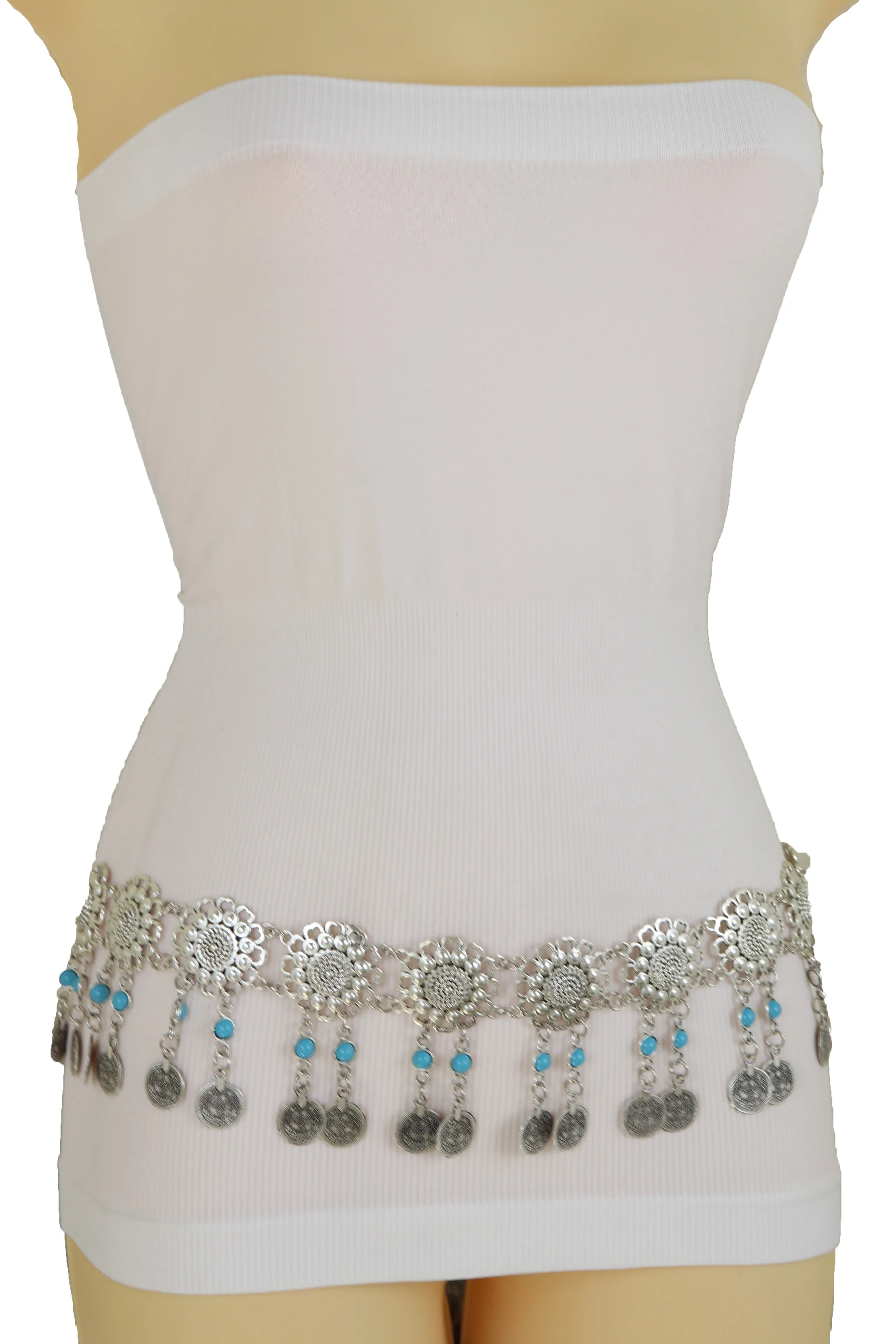 Ethnic Fashion Silver Metal Flower Chain Belt Turquoise Blue Beads Fit S M