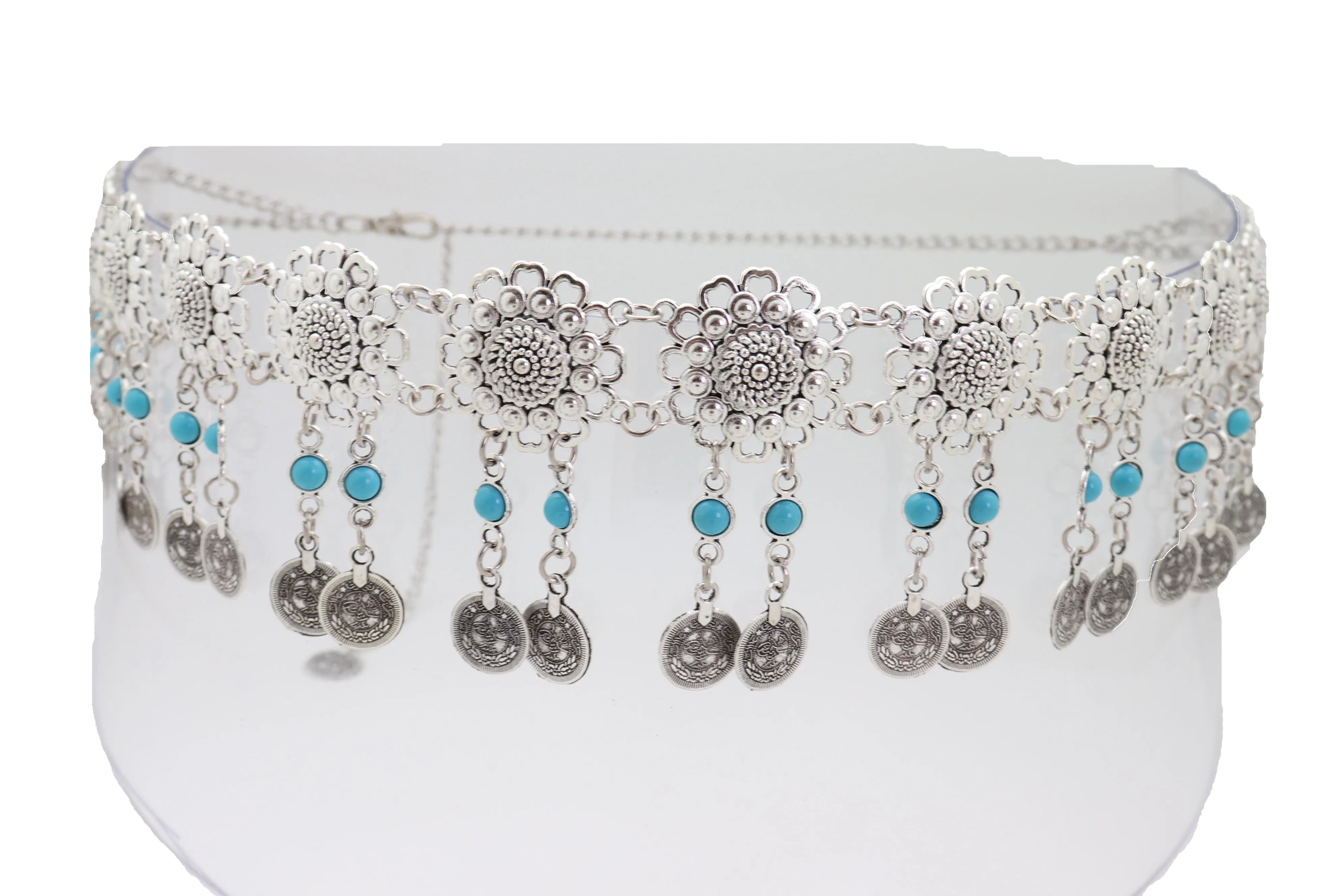 Ethnic Fashion Silver Metal Flower Chain Belt Turquoise Blue Beads Fit S M