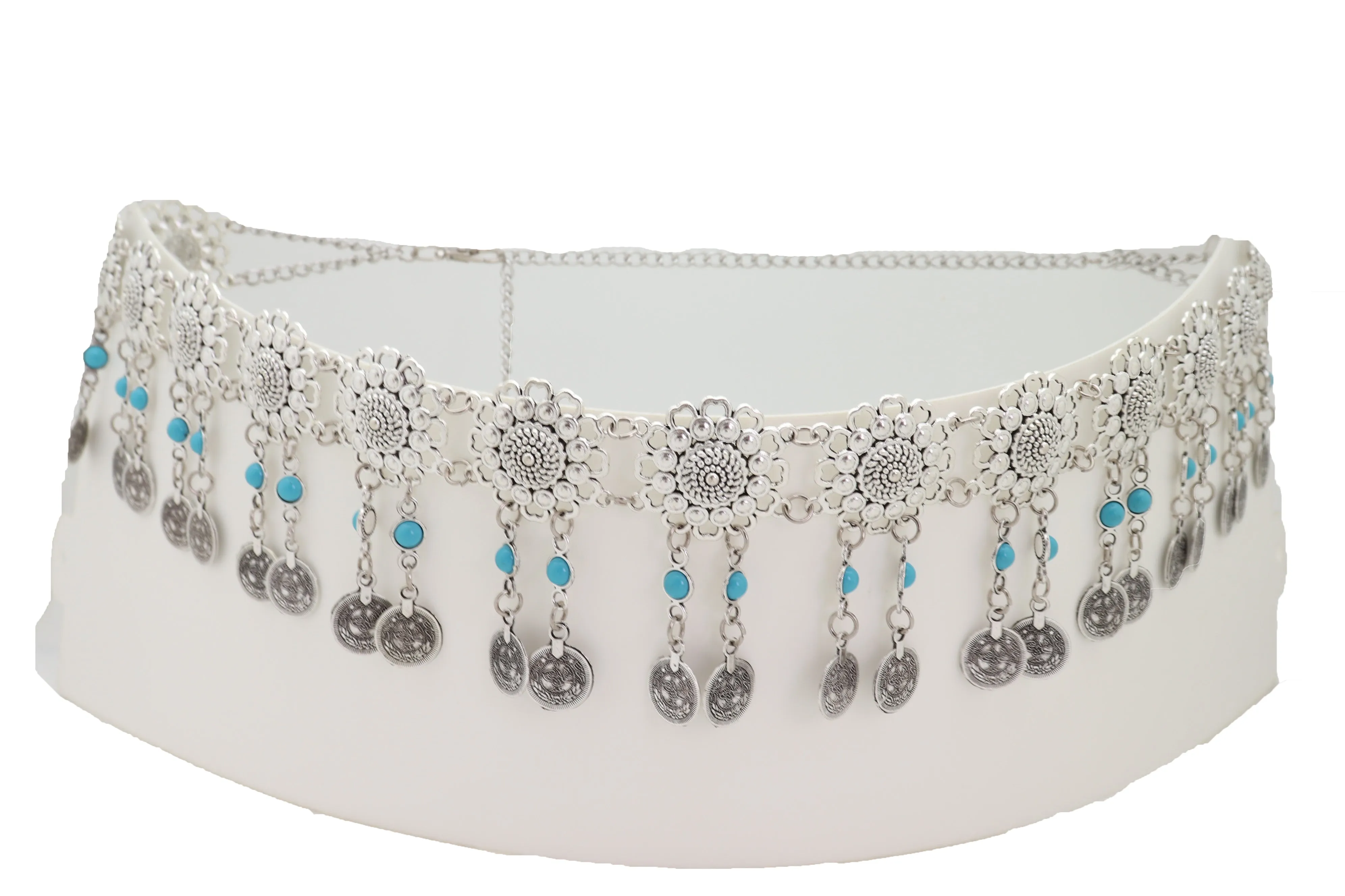 Ethnic Fashion Silver Metal Flower Chain Belt Turquoise Blue Beads Fit S M