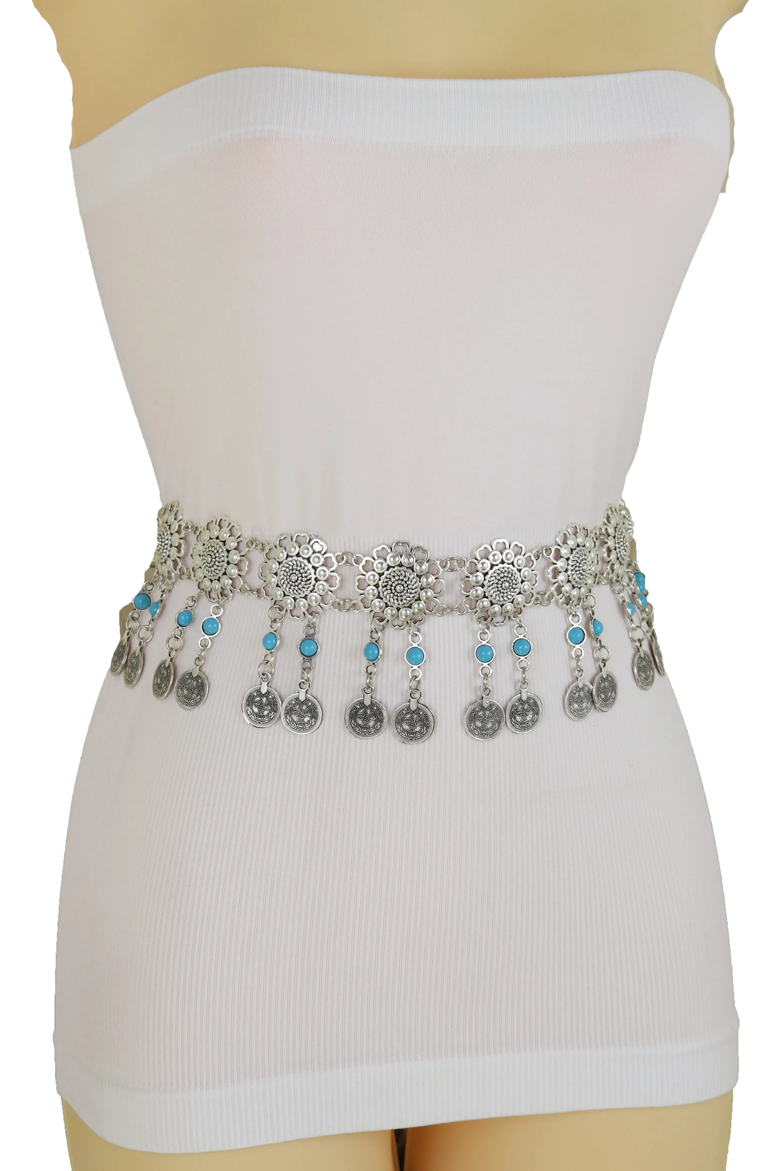 Ethnic Fashion Silver Metal Flower Chain Belt Turquoise Blue Beads Fit S M