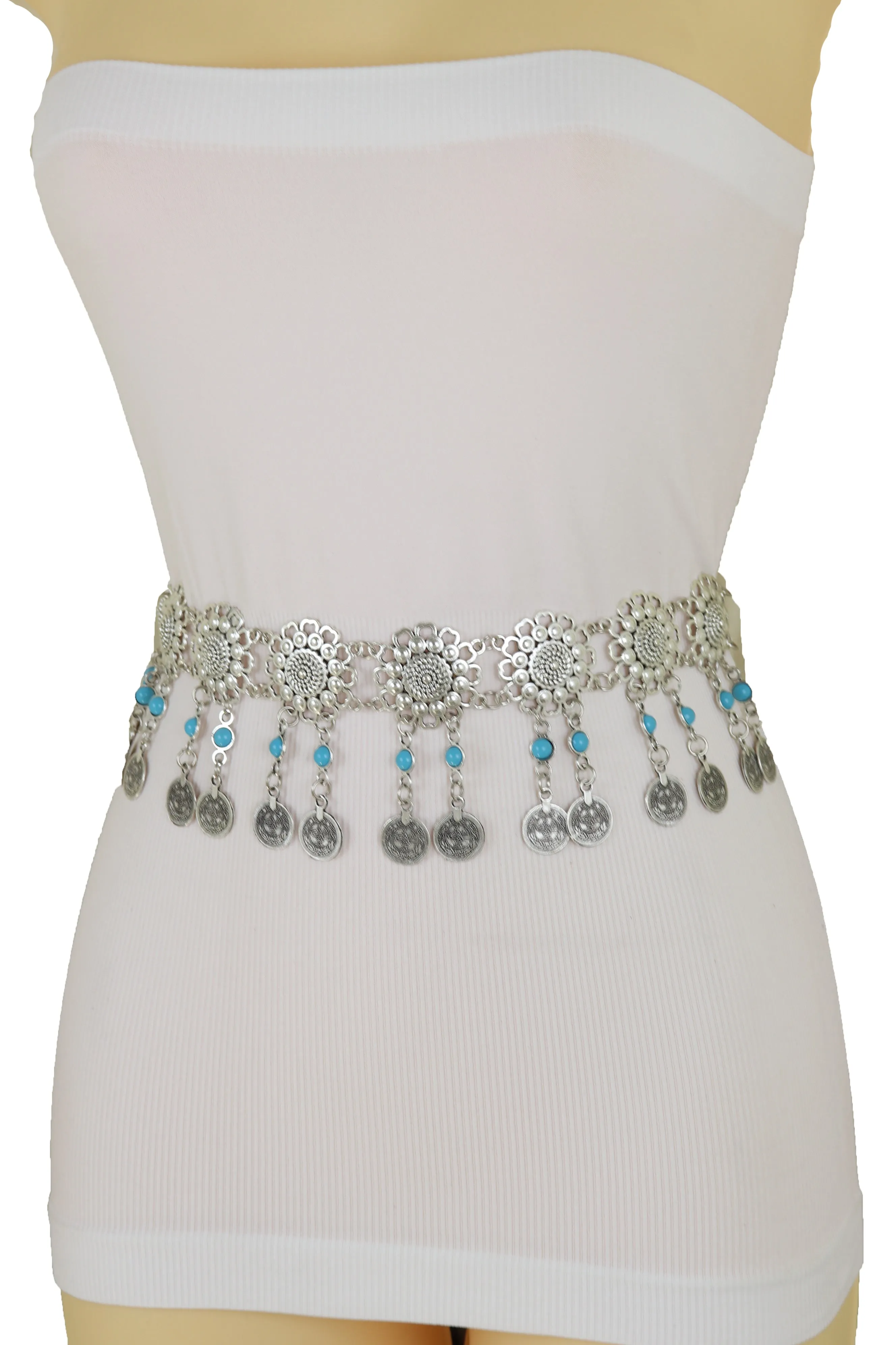 Ethnic Fashion Silver Metal Flower Chain Belt Turquoise Blue Beads Fit S M