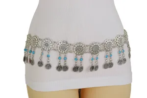 Ethnic Fashion Silver Metal Flower Chain Belt Turquoise Blue Beads Fit S M