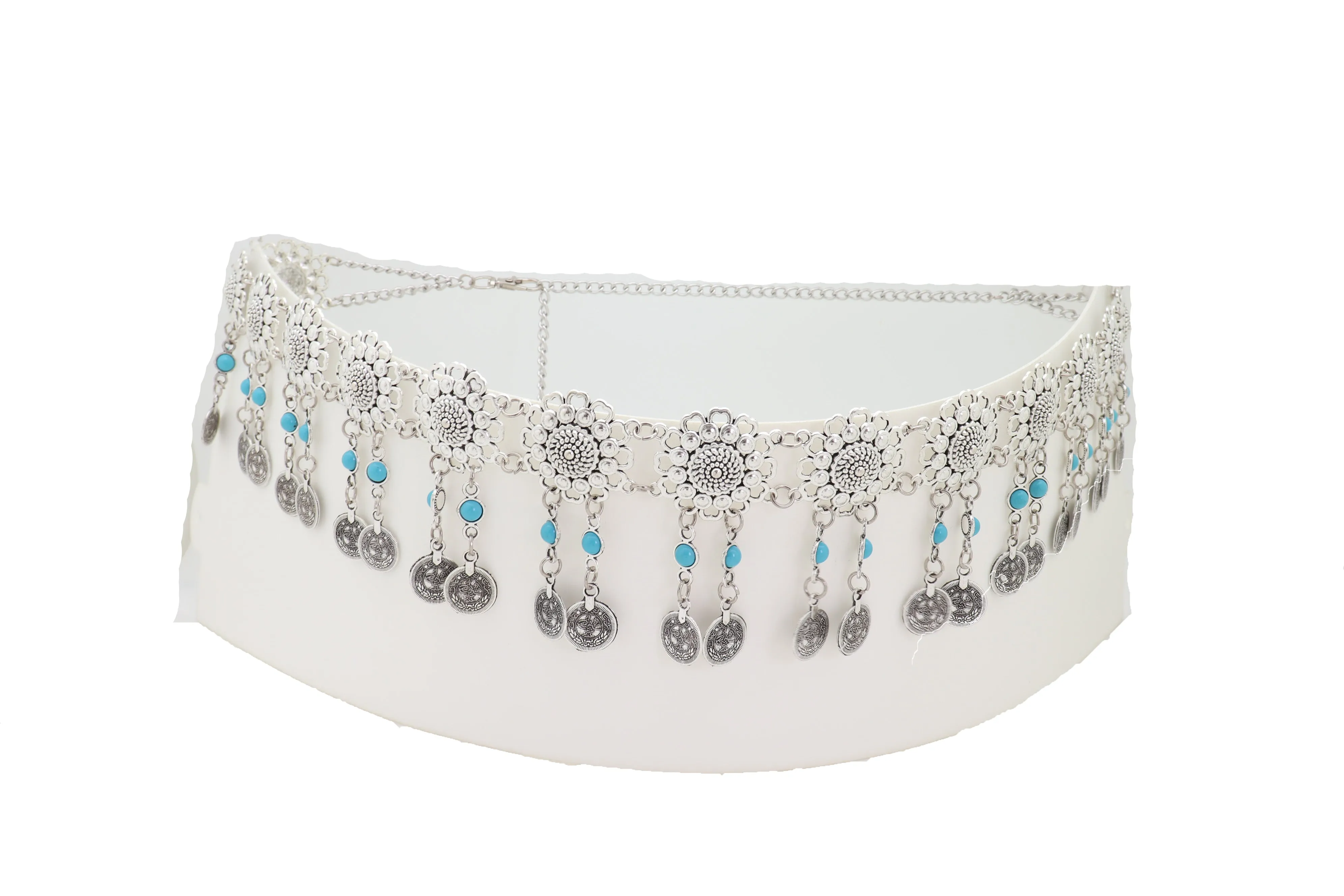 Ethnic Fashion Silver Metal Flower Chain Belt Turquoise Blue Beads Fit S M