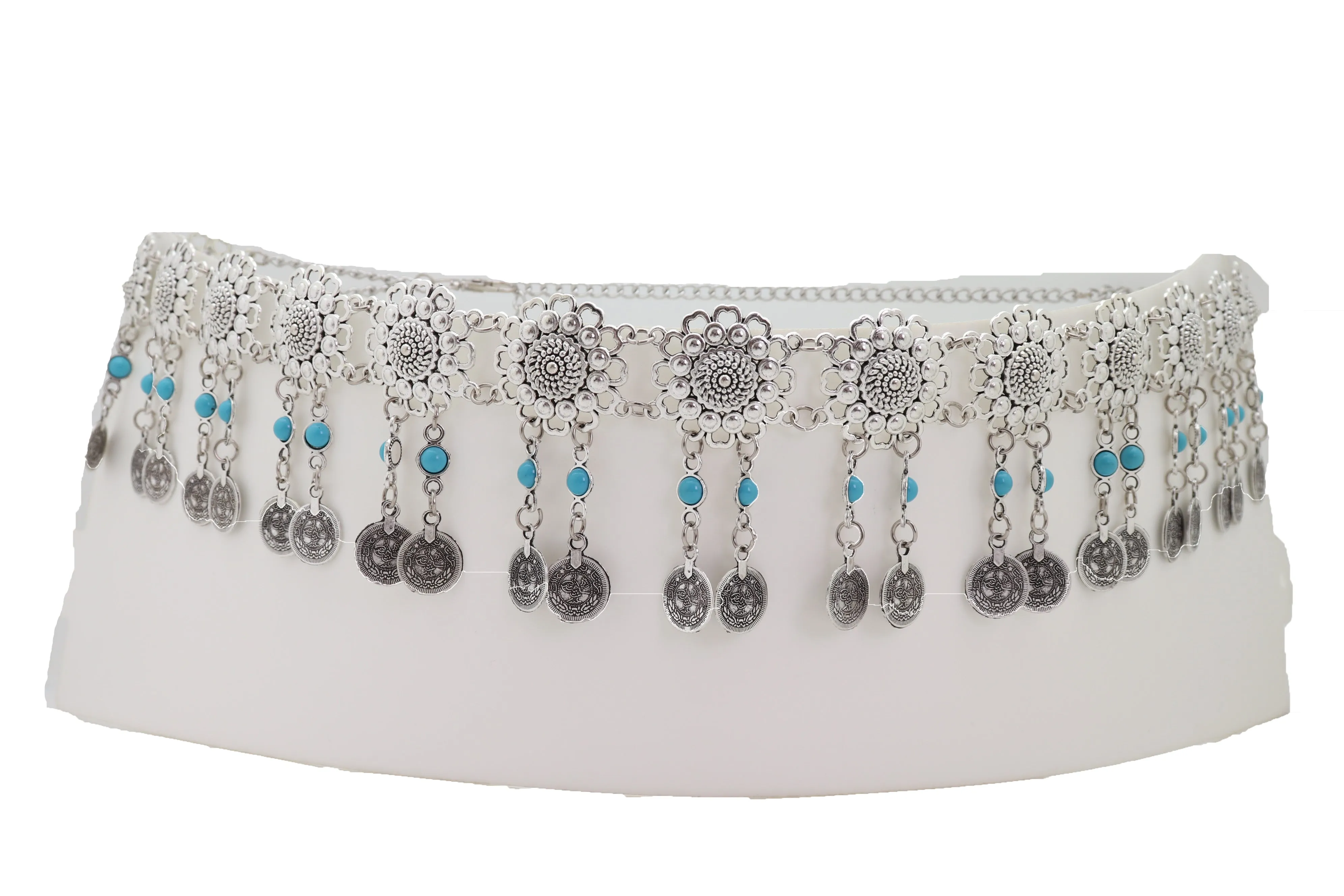 Ethnic Fashion Silver Metal Flower Chain Belt Turquoise Blue Beads Fit S M