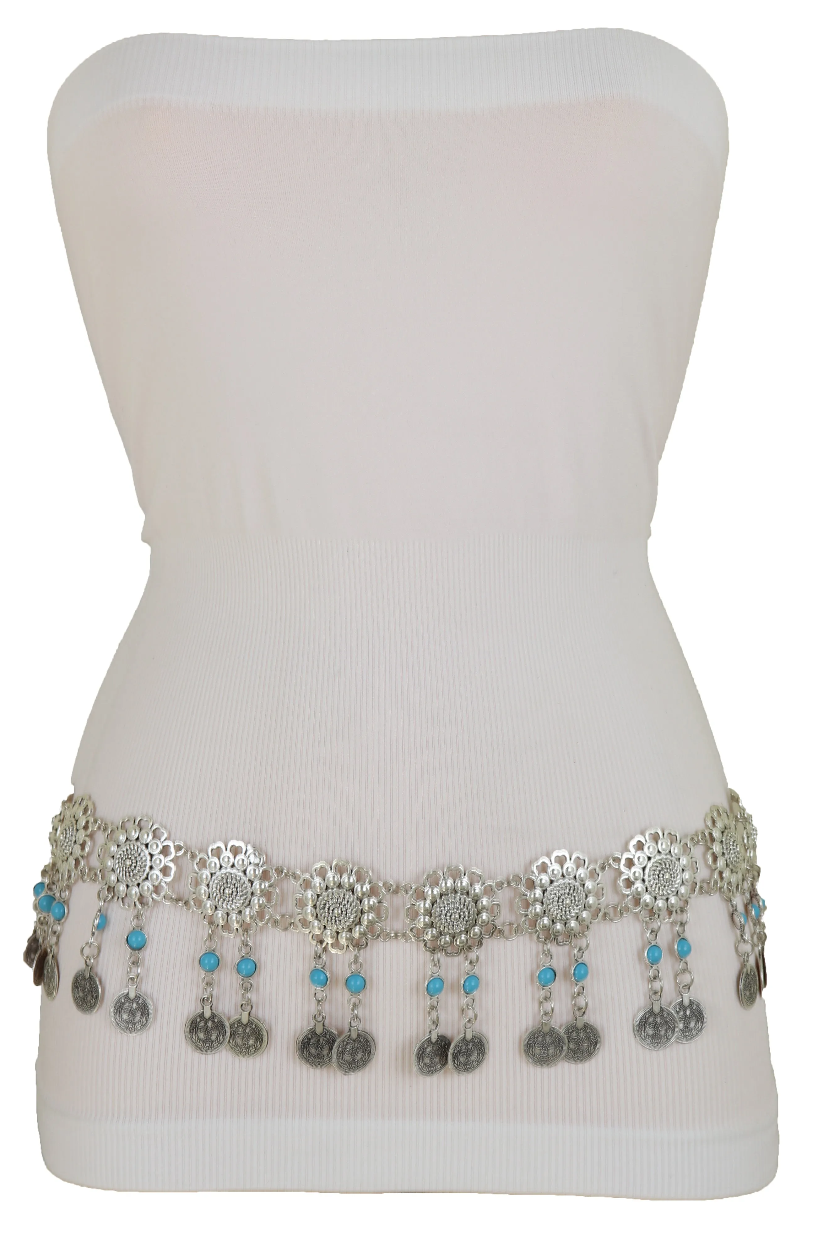 Ethnic Fashion Silver Metal Flower Chain Belt Turquoise Blue Beads Fit S M