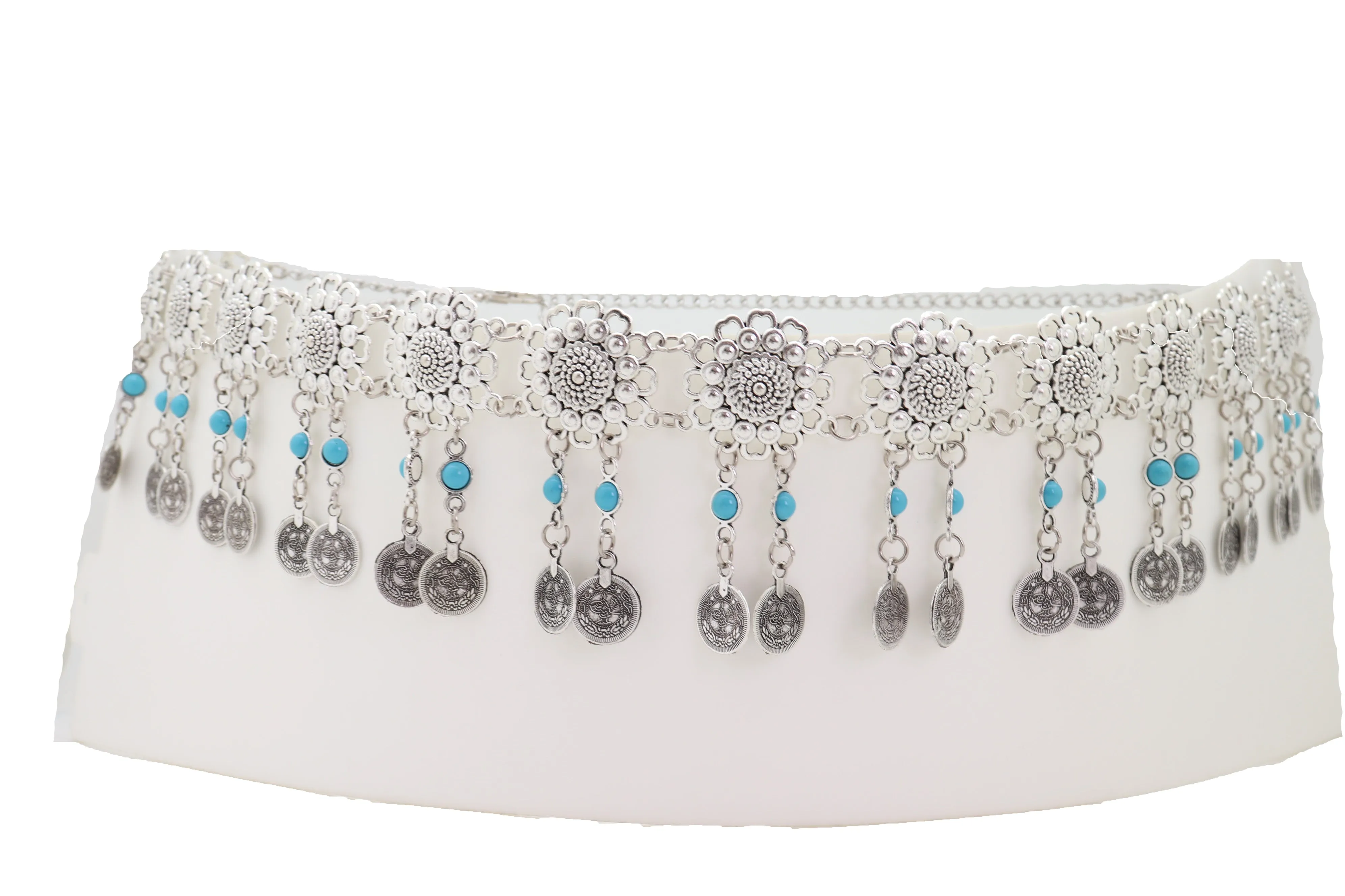 Ethnic Fashion Silver Metal Flower Chain Belt Turquoise Blue Beads Fit S M