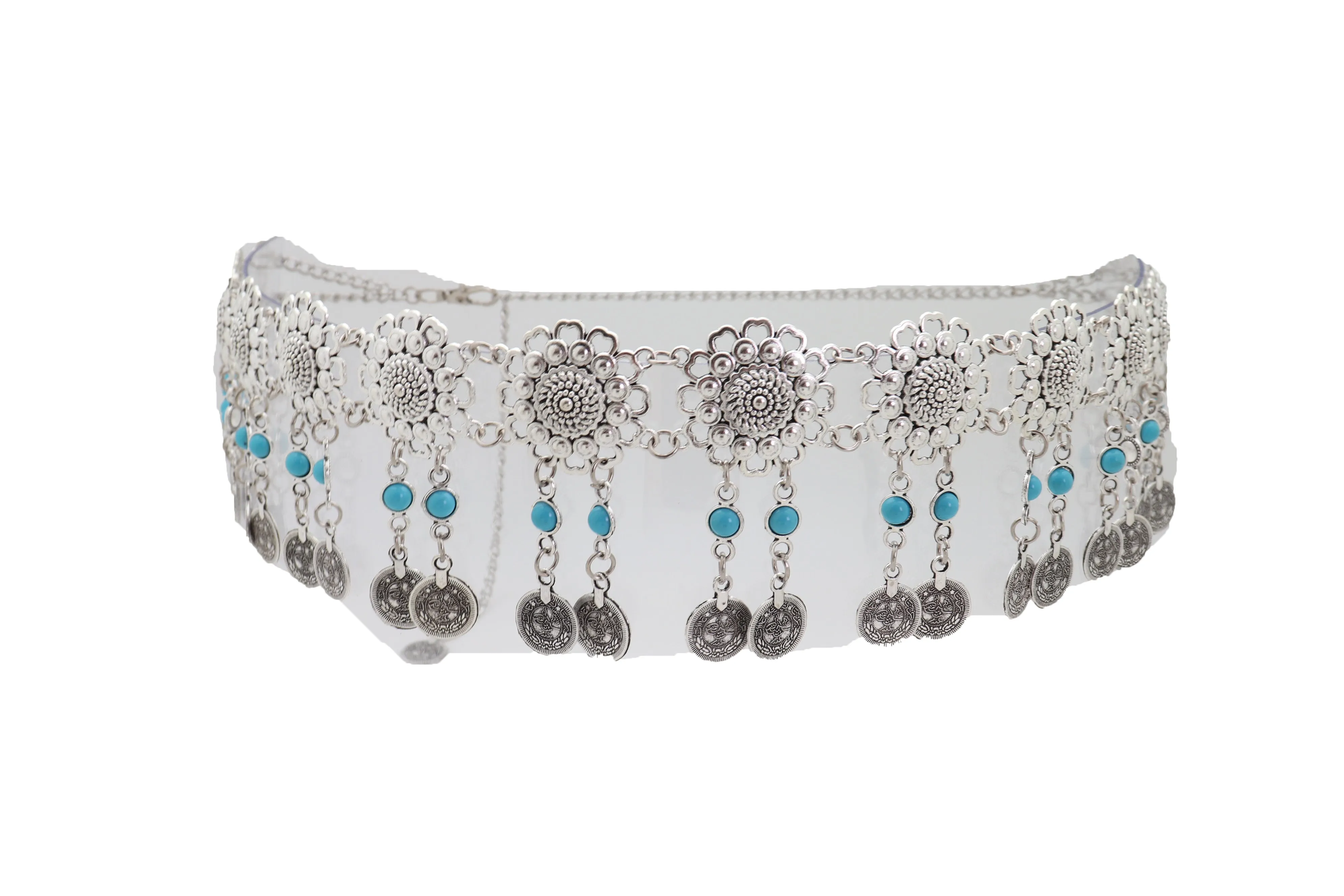 Ethnic Fashion Silver Metal Flower Chain Belt Turquoise Blue Beads Fit S M