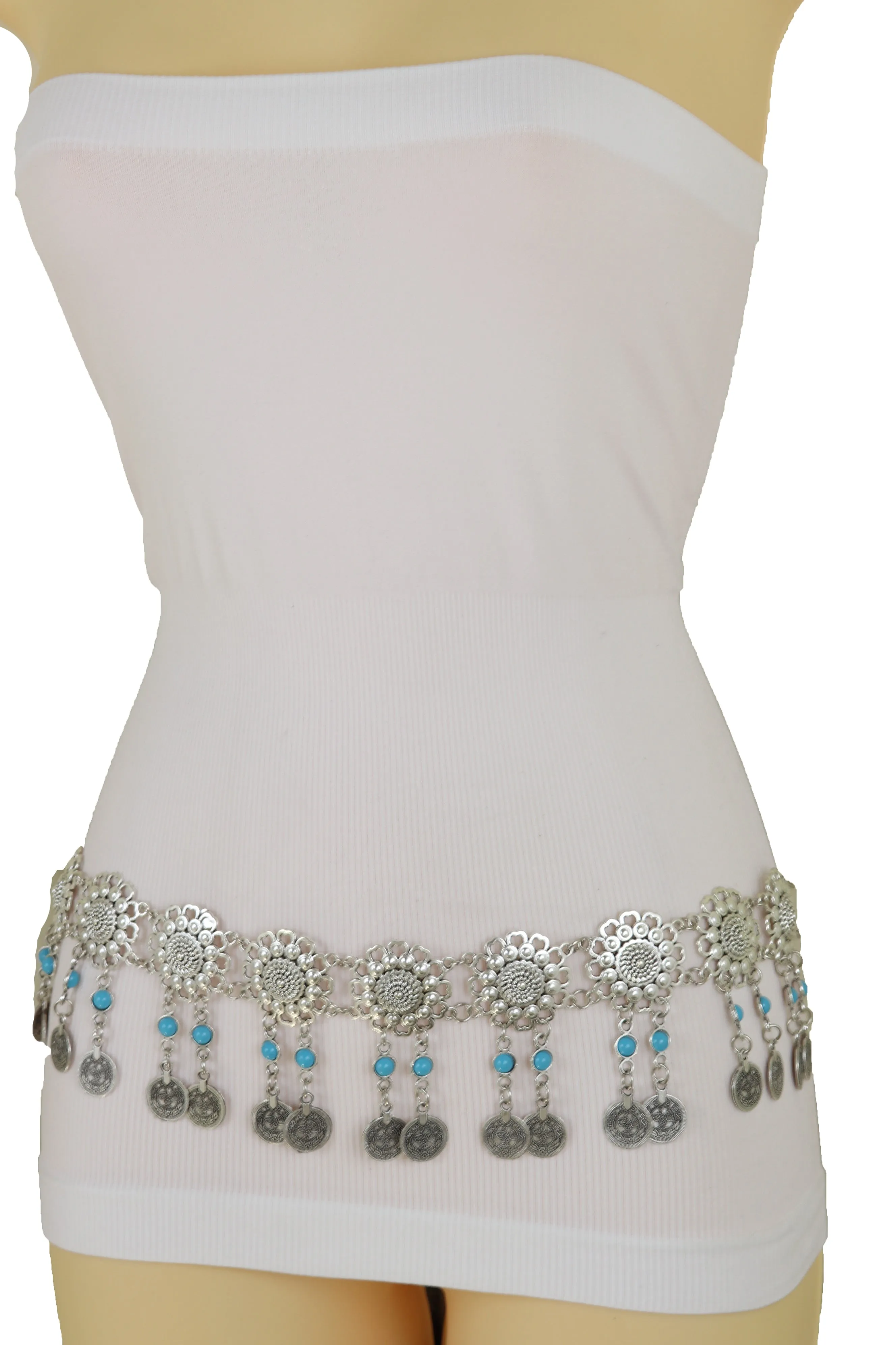 Ethnic Fashion Silver Metal Flower Chain Belt Turquoise Blue Beads Fit S M